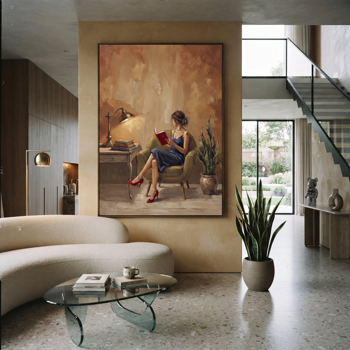 Wandering Gathered Woman Reading by the Lamp focuses on a woman reading beside a tall lamp, books, and a quiet chair. The composition keeps the principal subject clearly separated from the painted field, so the eye can follow the specific gesture, silhouette, garment, fur, petal, ridge, or river visible in this artwork. Its color relationships move between blue, red, and white, with lighter passages opening the focal area and deeper strokes giving the forms weight. Palette-knife edges, impasto