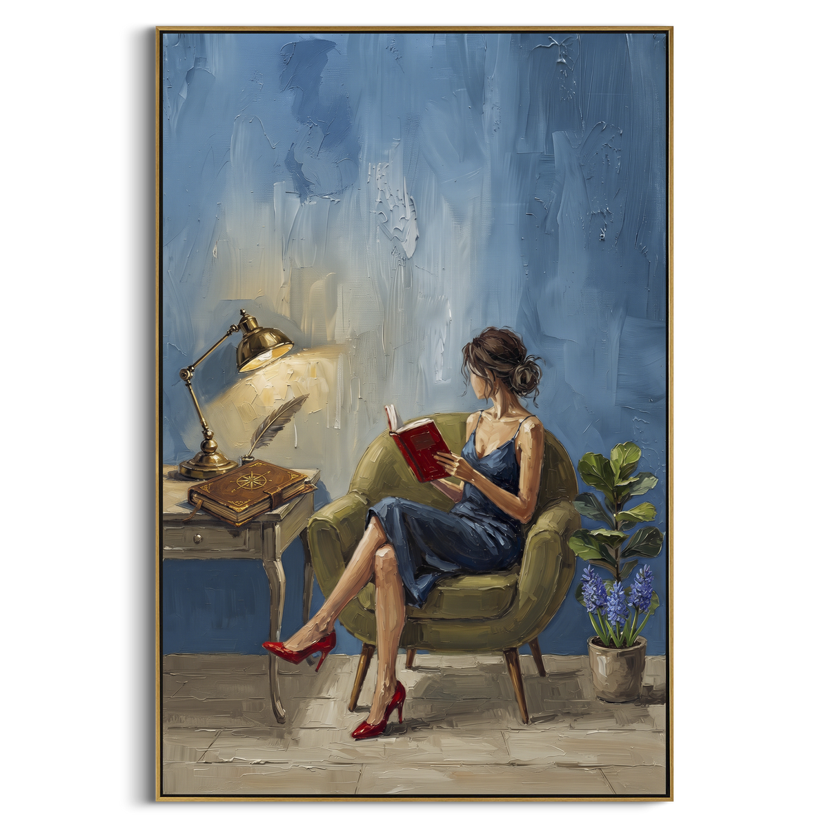 Reflective Gathered Woman Reading by the Lamp focuses on a woman reading beside a tall lamp, books, and a quiet chair. The composition keeps the principal subject clearly separated from the painted field, so the eye can follow the specific gesture, silhouette, garment, fur, petal, ridge, or river visible in this artwork. Its color relationships move between green, grey, and pink, with lighter passages opening the focal area and deeper strokes giving the forms weight. Palette-knife edges, impasto