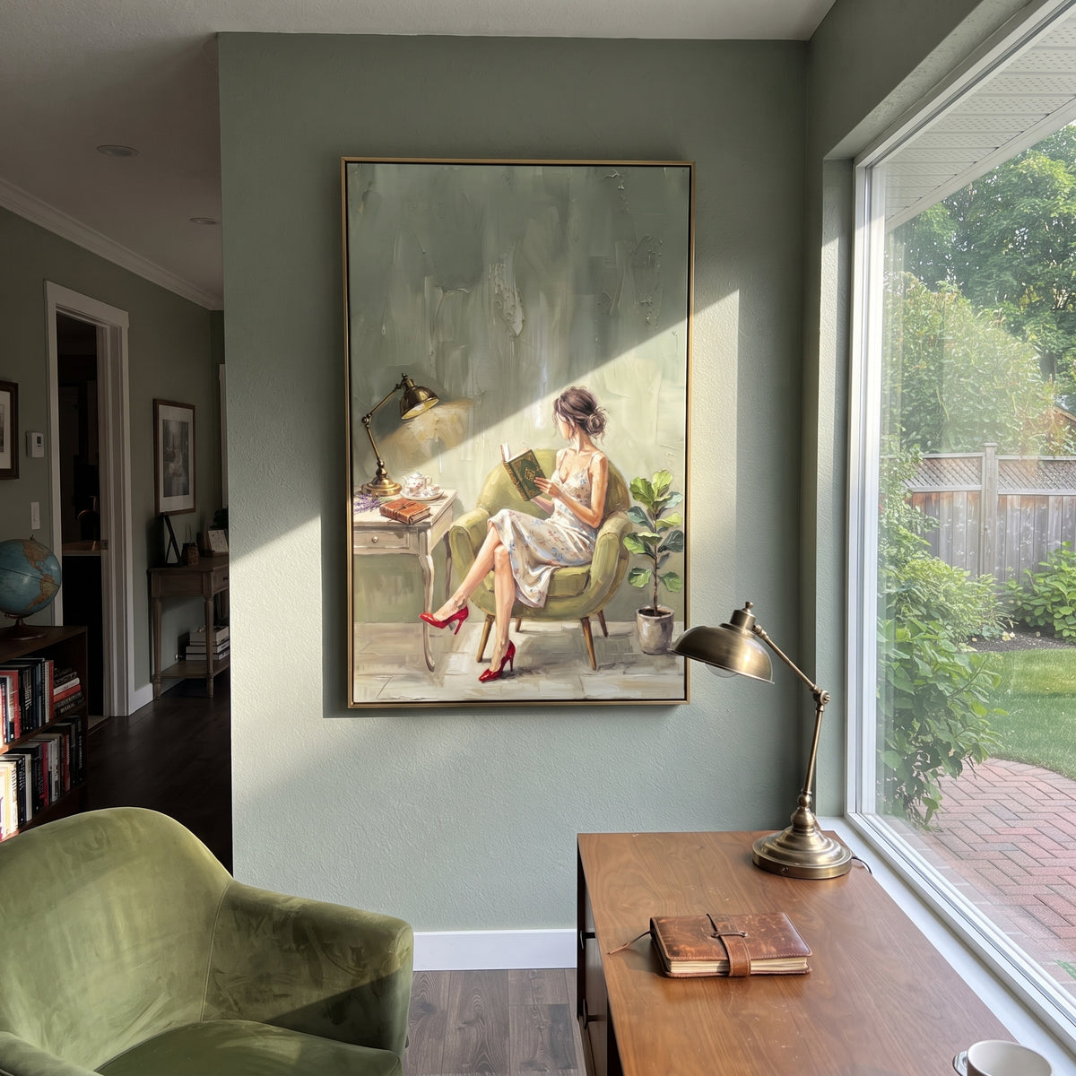 Midnight Gathered Woman Reading by the Lamp focuses on a woman reading beside a tall lamp, books, and a quiet chair. The composition keeps the principal subject clearly separated from the painted field, so the eye can follow the specific gesture, silhouette, garment, fur, petal, ridge, or river visible in this artwork. Its color relationships move between beige, black, and blue, with lighter passages opening the focal area and deeper strokes giving the forms weight. Palette-knife edges, impasto