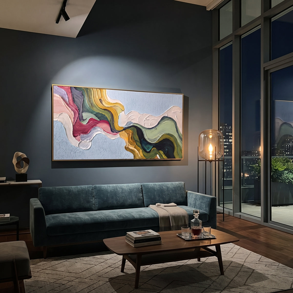 Quiet River Flowing Color Ribbon focuses on interlaced ribbon-like bands of pink, blue, green, cream, and black. The composition keeps the principal subject clearly separated from the painted field, so the eye can follow the specific gesture, silhouette, garment, fur, petal, ridge, or river visible in this artwork. Its color relationships move between blue, beige, and brown, with lighter passages opening the focal area and deeper strokes giving the forms weight. Palette-knife edges, impasto