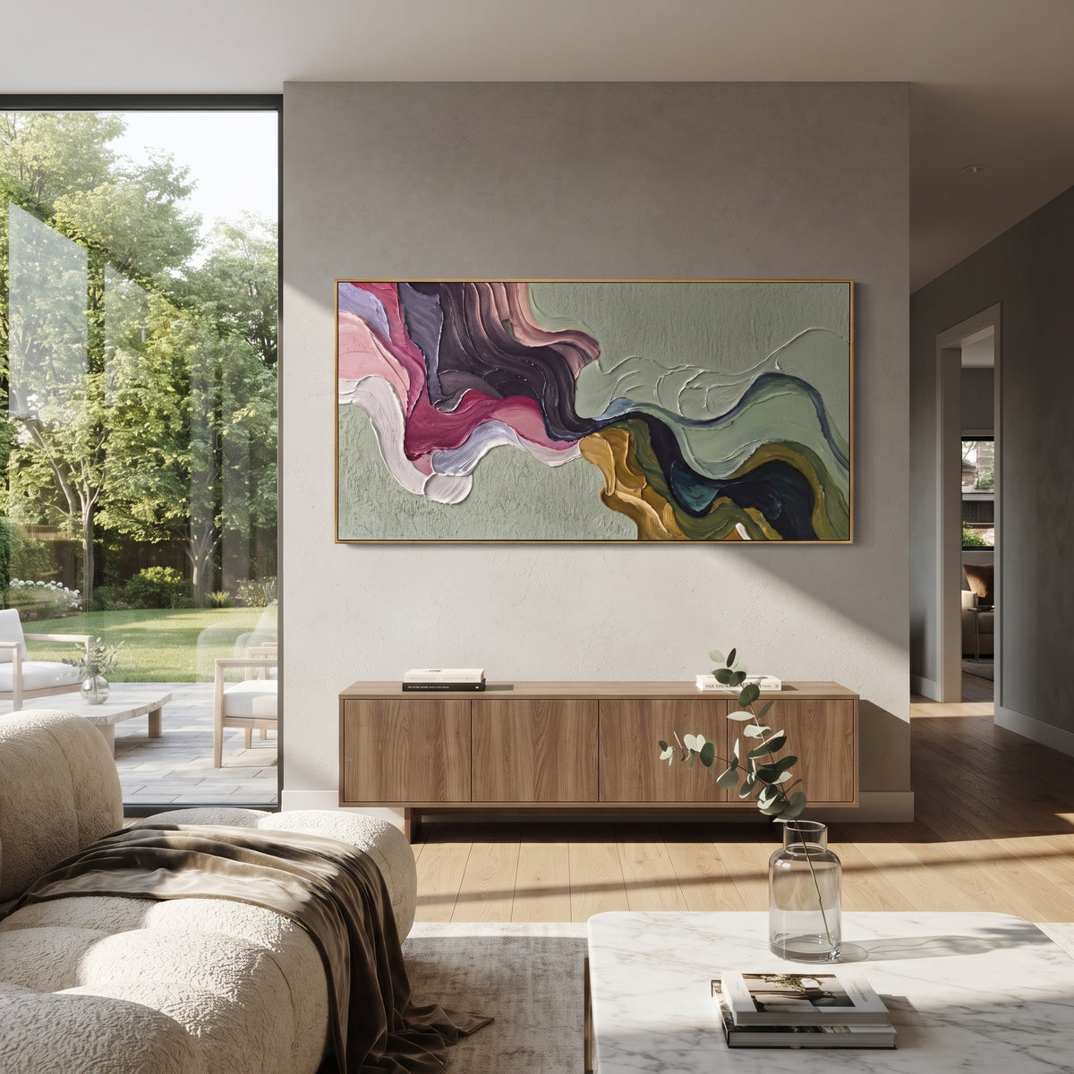 Luminous River Flowing Color Ribbon focuses on interlaced ribbon-like bands of pink, blue, green, cream, and black. The composition keeps the principal subject clearly separated from the painted field, so the eye can follow the specific gesture, silhouette, garment, fur, petal, ridge, or river visible in this artwork. Its color relationships move between orange, pink, and green, with lighter passages opening the focal area and deeper strokes giving the forms weight. Palette-knife edges, impasto