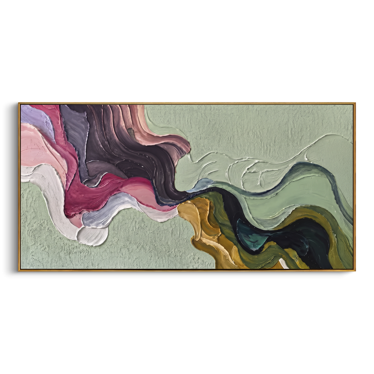 Luminous River Flowing Color Ribbon focuses on interlaced ribbon-like bands of pink, blue, green, cream, and black. The composition keeps the principal subject clearly separated from the painted field, so the eye can follow the specific gesture, silhouette, garment, fur, petal, ridge, or river visible in this artwork. Its color relationships move between orange, pink, and green, with lighter passages opening the focal area and deeper strokes giving the forms weight. Palette-knife edges, impasto