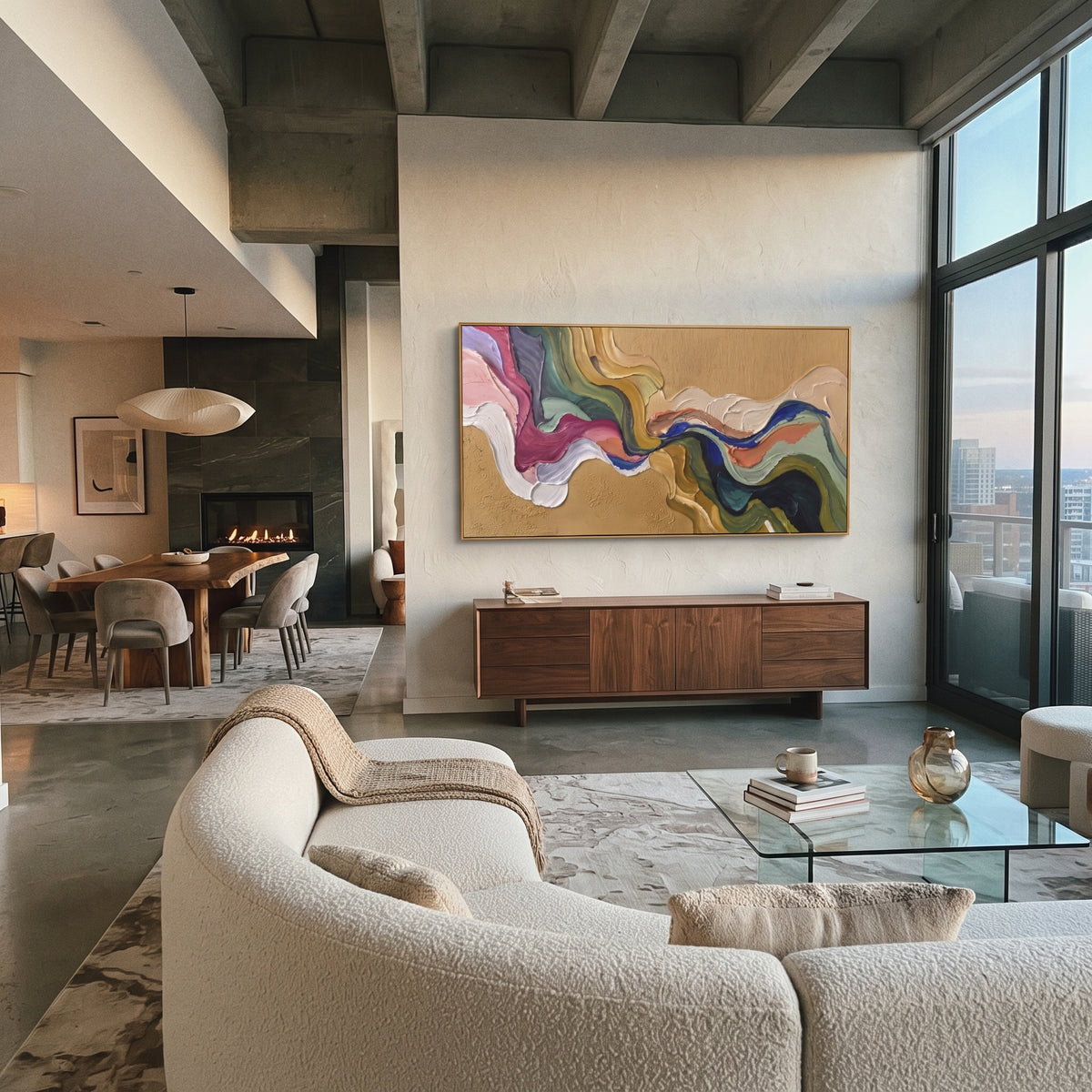 Tender River Flowing Color Ribbon focuses on interlaced ribbon-like bands of pink, blue, green, cream, and black. The composition keeps the principal subject clearly separated from the painted field, so the eye can follow the specific gesture, silhouette, garment, fur, petal, ridge, or river visible in this artwork. Its color relationships move between green, yellow, and beige, with lighter passages opening the focal area and deeper strokes giving the forms weight. Palette-knife edges, impasto