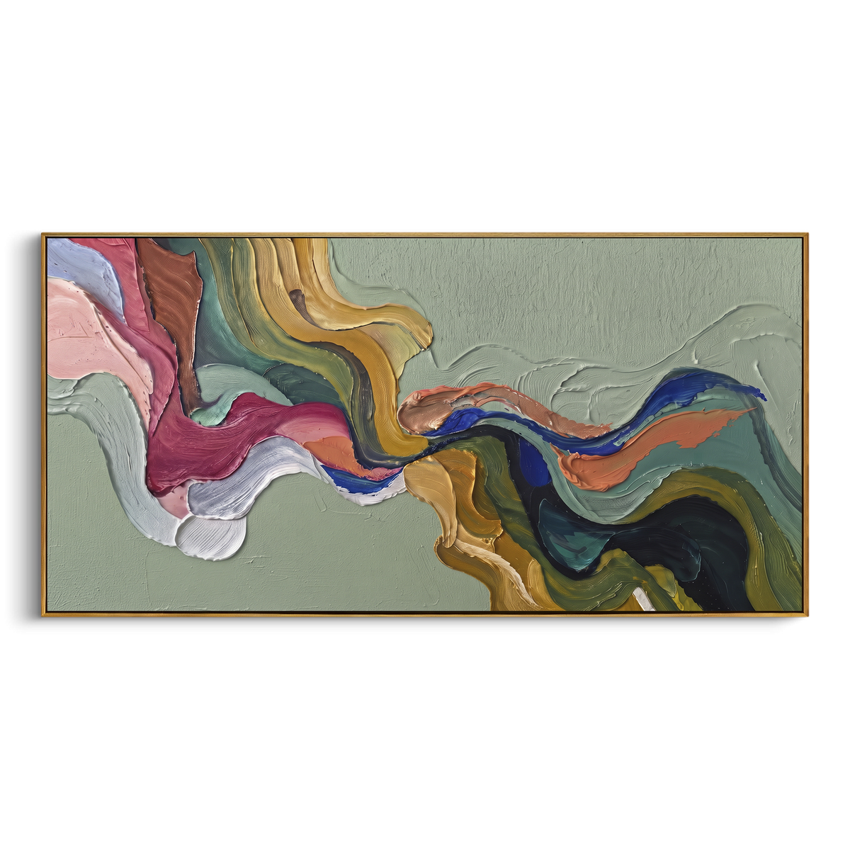 Mossy River Flowing Color Ribbon focuses on interlaced ribbon-like bands of pink, blue, green, cream, and black. The composition keeps the principal subject clearly separated from the painted field, so the eye can follow the specific gesture, silhouette, garment, fur, petal, ridge, or river visible in this artwork. Its color relationships move between green, brown, and yellow, with lighter passages opening the focal area and deeper strokes giving the forms weight. Palette-knife edges, impasto