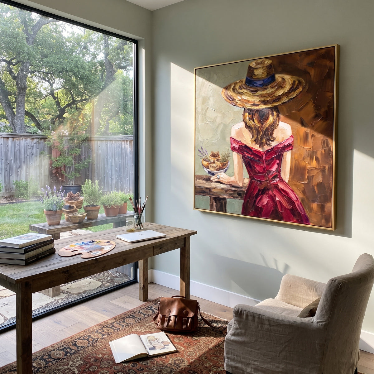 Golden River Hat and Vase Portrait focuses on a faceless woman in a wide hat holding flowers or a decorative object. The composition keeps the principal subject clearly separated from the painted field, so the eye can follow the specific gesture, silhouette, garment, fur, petal, ridge, or river visible in this artwork. Its color relationships move between orange, black, and beige, with lighter passages opening the focal area and deeper strokes giving the forms weight. Palette-knife edges