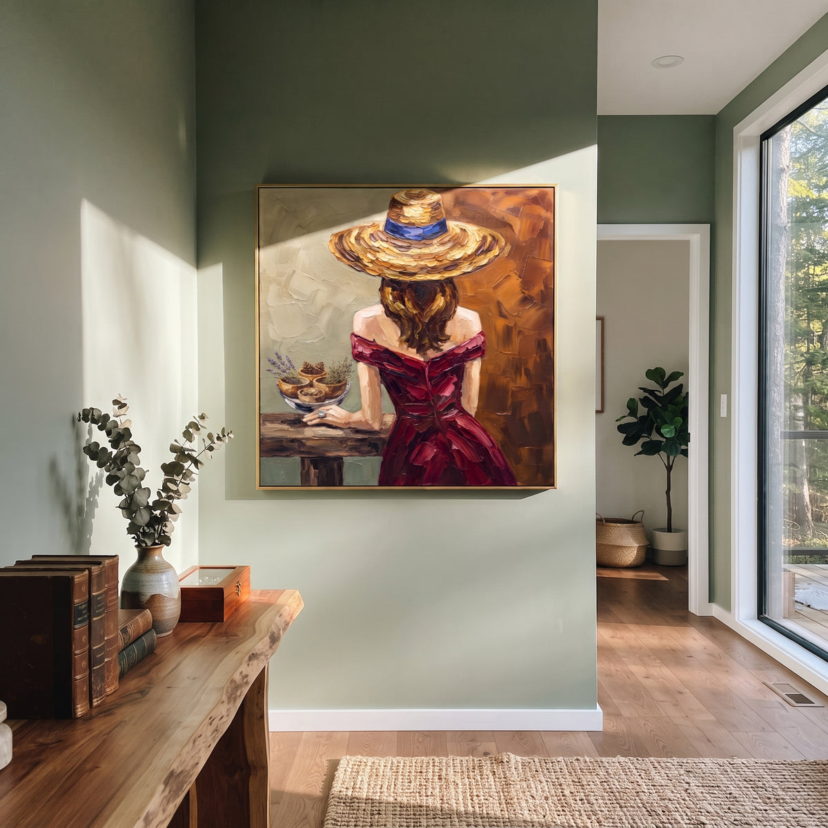 Golden River Hat and Vase Portrait focuses on a faceless woman in a wide hat holding flowers or a decorative object. The composition keeps the principal subject clearly separated from the painted field, so the eye can follow the specific gesture, silhouette, garment, fur, petal, ridge, or river visible in this artwork. Its color relationships move between orange, black, and beige, with lighter passages opening the focal area and deeper strokes giving the forms weight. Palette-knife edges