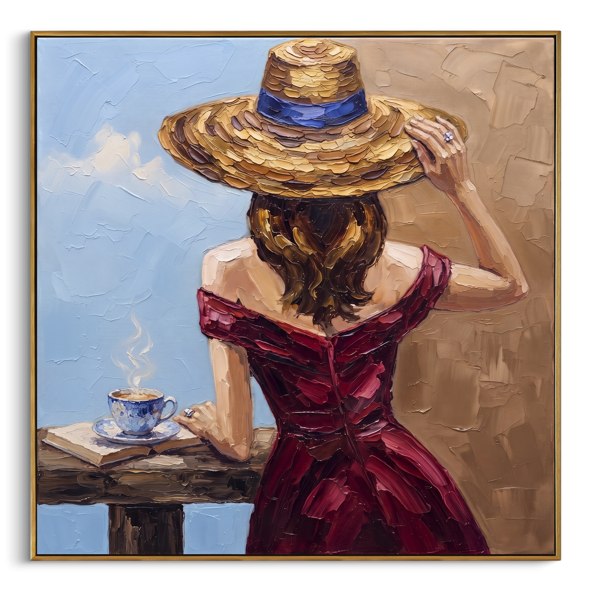 Soft River Hat and Vase Portrait focuses on a faceless woman in a wide hat holding flowers or a decorative object. The composition keeps the principal subject clearly separated from the painted field, so the eye can follow the specific gesture, silhouette, garment, fur, petal, ridge, or river visible in this artwork. Its color relationships move between blue, red, and white, with lighter passages opening the focal area and deeper strokes giving the forms weight. Palette-knife edges, impasto