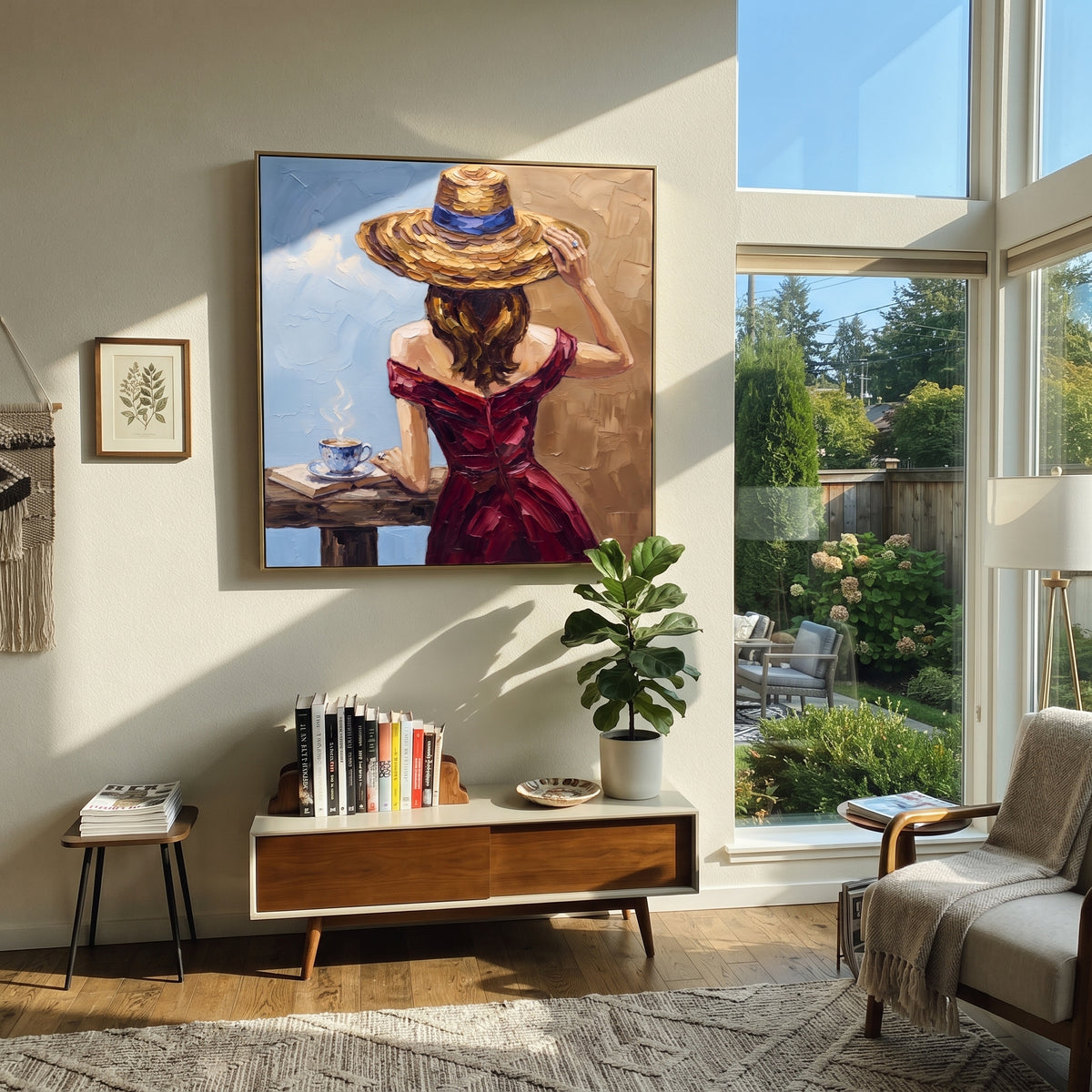 Soft River Hat and Vase Portrait focuses on a faceless woman in a wide hat holding flowers or a decorative object. The composition keeps the principal subject clearly separated from the painted field, so the eye can follow the specific gesture, silhouette, garment, fur, petal, ridge, or river visible in this artwork. Its color relationships move between blue, red, and white, with lighter passages opening the focal area and deeper strokes giving the forms weight. Palette-knife edges, impasto