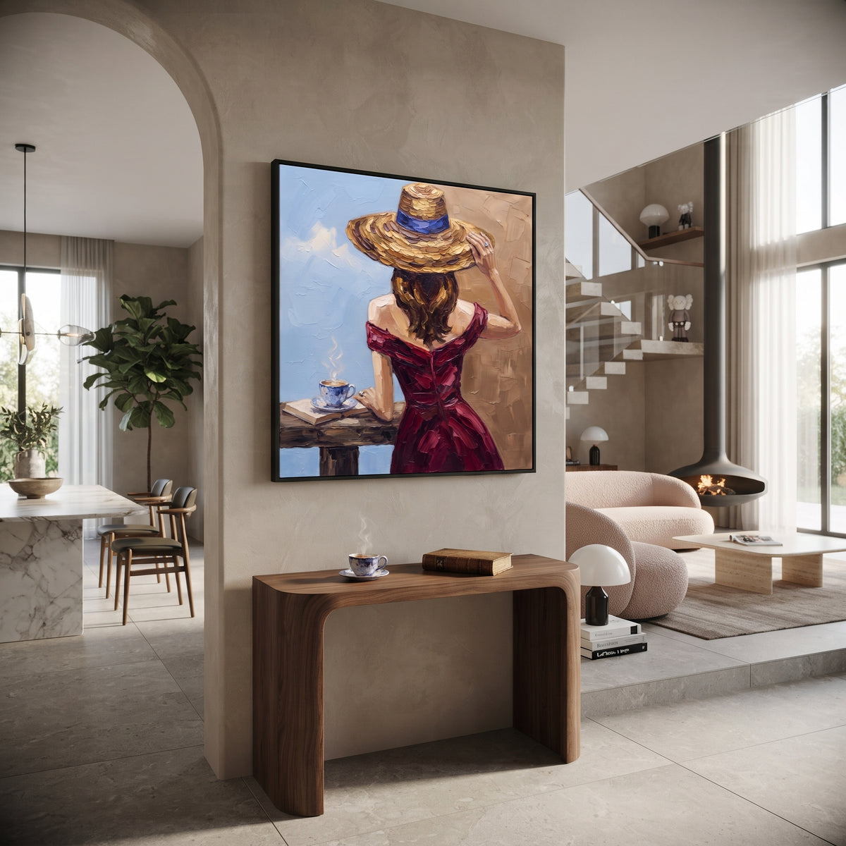 Soft River Hat and Vase Portrait focuses on a faceless woman in a wide hat holding flowers or a decorative object. The composition keeps the principal subject clearly separated from the painted field, so the eye can follow the specific gesture, silhouette, garment, fur, petal, ridge, or river visible in this artwork. Its color relationships move between blue, red, and white, with lighter passages opening the focal area and deeper strokes giving the forms weight. Palette-knife edges, impasto