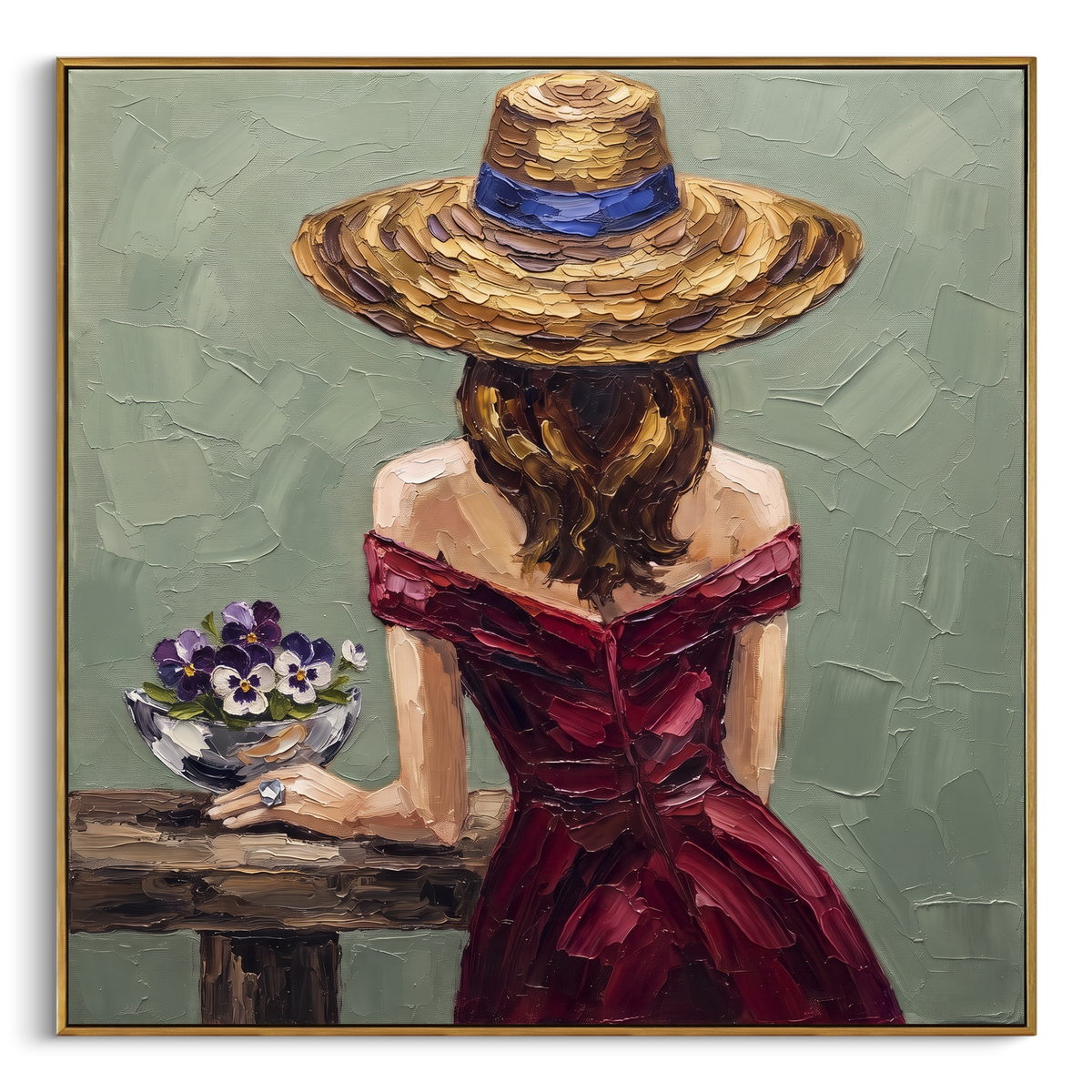 Restful River Hat and Vase Portrait focuses on a faceless woman in a wide hat holding flowers or a decorative object. The composition keeps the principal subject clearly separated from the painted field, so the eye can follow the specific gesture, silhouette, garment, fur, petal, ridge, or river visible in this artwork. Its color relationships move between green, grey, and pink, with lighter passages opening the focal area and deeper strokes giving the forms weight. Palette-knife edges, impasto