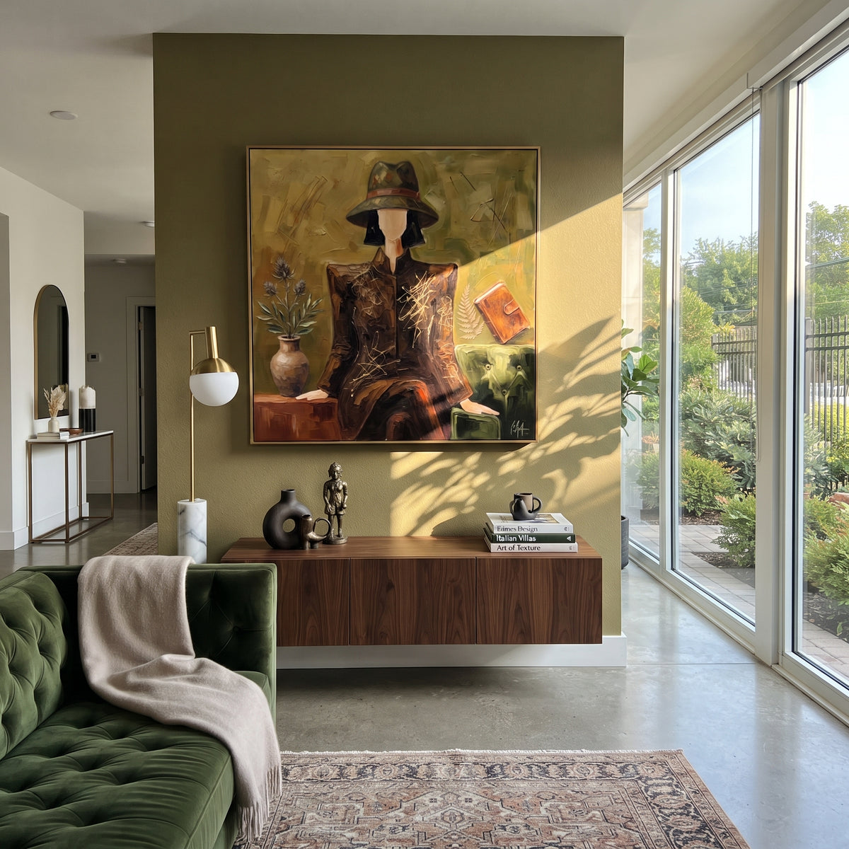 Playful River Hat and Vase Portrait focuses on a faceless woman in a wide hat holding flowers or a decorative object. The composition keeps the principal subject clearly separated from the painted field, so the eye can follow the specific gesture, silhouette, garment, fur, petal, ridge, or river visible in this artwork. Its color relationships move between beige, black, and blue, with lighter passages opening the focal area and deeper strokes giving the forms weight. Palette-knife edges, impasto