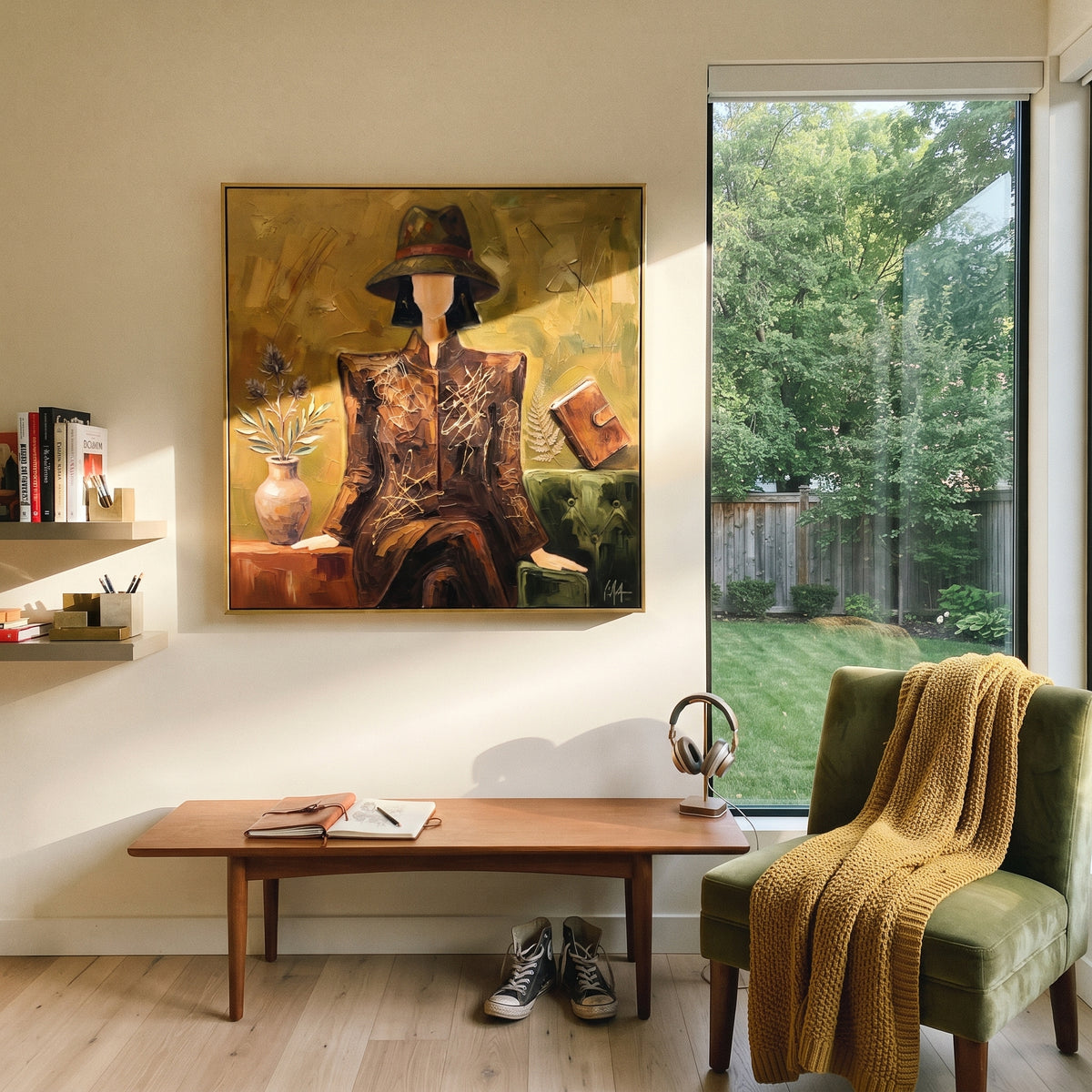 Playful River Hat and Vase Portrait focuses on a faceless woman in a wide hat holding flowers or a decorative object. The composition keeps the principal subject clearly separated from the painted field, so the eye can follow the specific gesture, silhouette, garment, fur, petal, ridge, or river visible in this artwork. Its color relationships move between beige, black, and blue, with lighter passages opening the focal area and deeper strokes giving the forms weight. Palette-knife edges, impasto