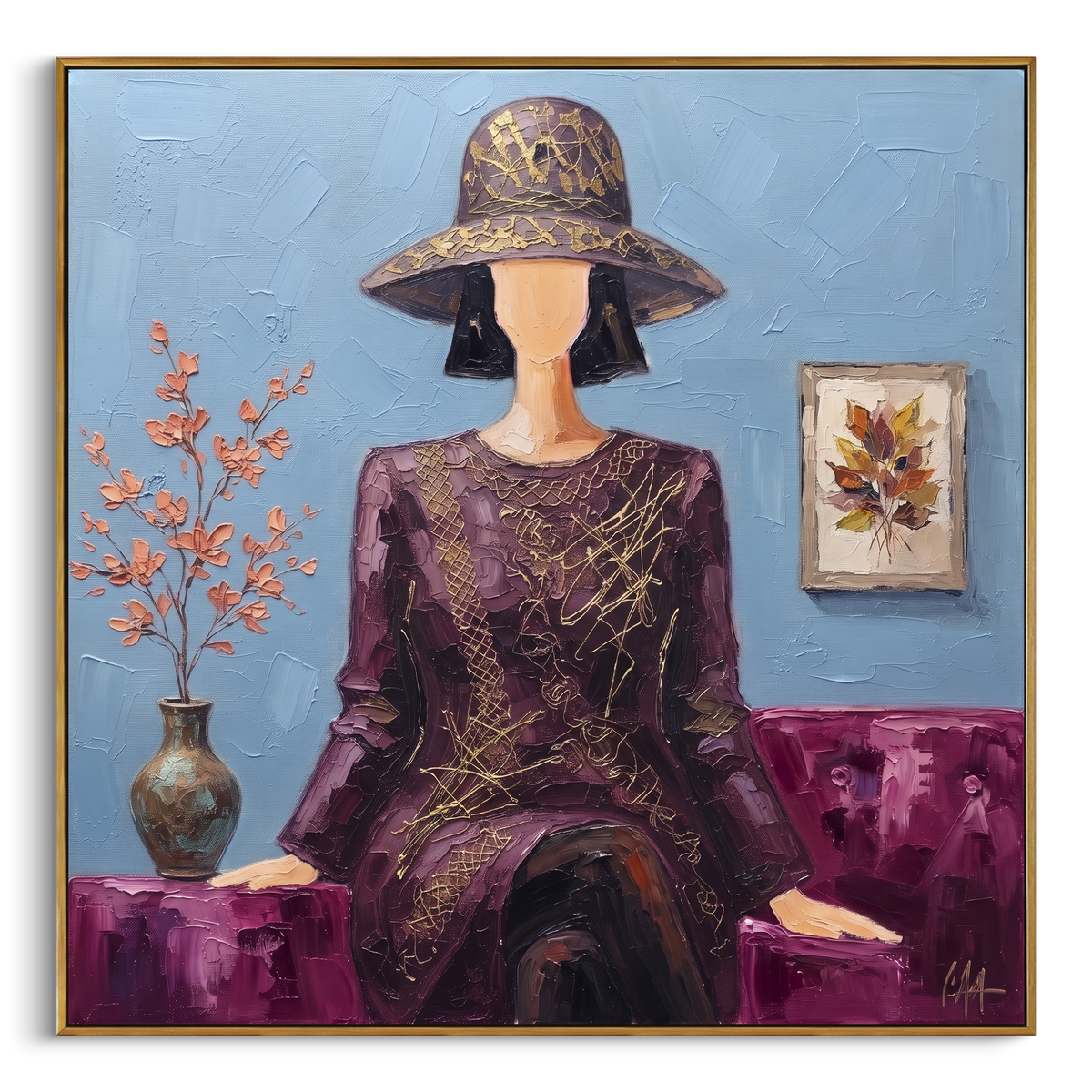 Distant River Hat and Vase Portrait focuses on a faceless woman in a wide hat holding flowers or a decorative object. The composition keeps the principal subject clearly separated from the painted field, so the eye can follow the specific gesture, silhouette, garment, fur, petal, ridge, or river visible in this artwork. Its color relationships move between purple, green, and white, with lighter passages opening the focal area and deeper strokes giving the forms weight. Palette-knife edges
