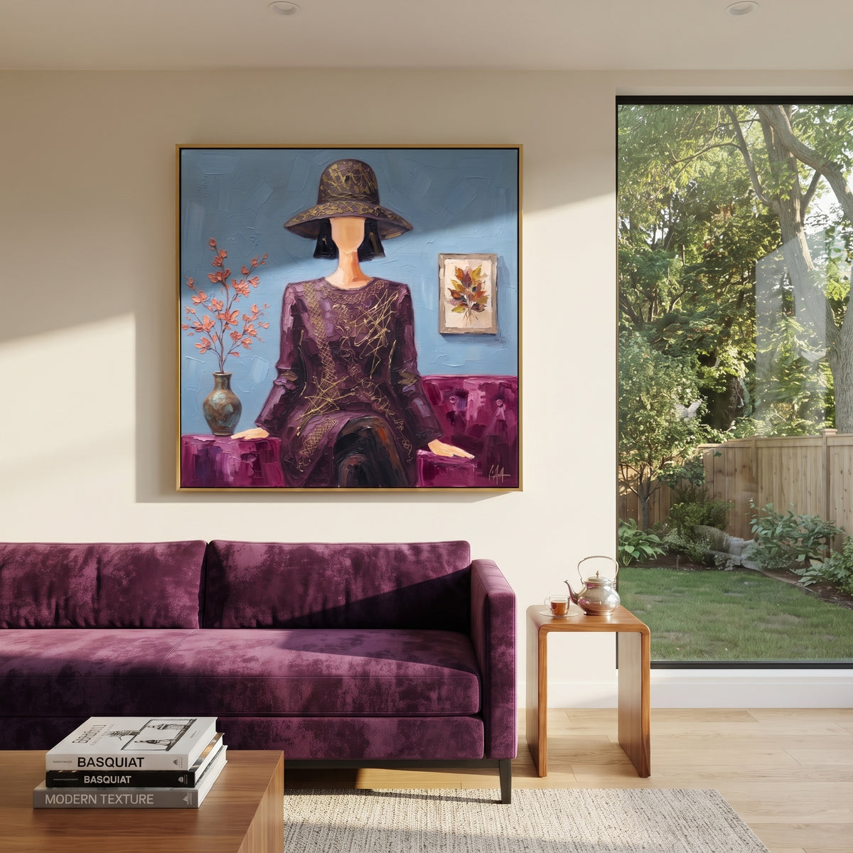 Distant River Hat and Vase Portrait focuses on a faceless woman in a wide hat holding flowers or a decorative object. The composition keeps the principal subject clearly separated from the painted field, so the eye can follow the specific gesture, silhouette, garment, fur, petal, ridge, or river visible in this artwork. Its color relationships move between purple, green, and white, with lighter passages opening the focal area and deeper strokes giving the forms weight. Palette-knife edges