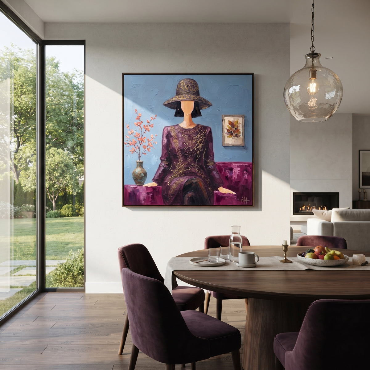 Distant River Hat and Vase Portrait focuses on a faceless woman in a wide hat holding flowers or a decorative object. The composition keeps the principal subject clearly separated from the painted field, so the eye can follow the specific gesture, silhouette, garment, fur, petal, ridge, or river visible in this artwork. Its color relationships move between purple, green, and white, with lighter passages opening the focal area and deeper strokes giving the forms weight. Palette-knife edges