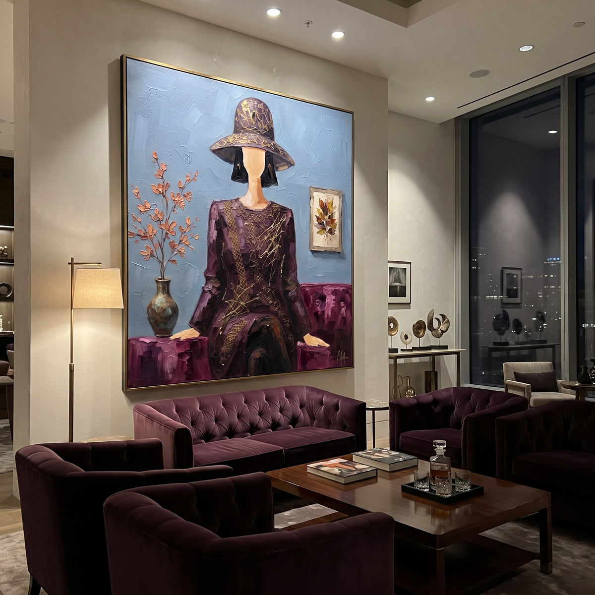 Distant River Hat and Vase Portrait focuses on a faceless woman in a wide hat holding flowers or a decorative object. The composition keeps the principal subject clearly separated from the painted field, so the eye can follow the specific gesture, silhouette, garment, fur, petal, ridge, or river visible in this artwork. Its color relationships move between purple, green, and white, with lighter passages opening the focal area and deeper strokes giving the forms weight. Palette-knife edges