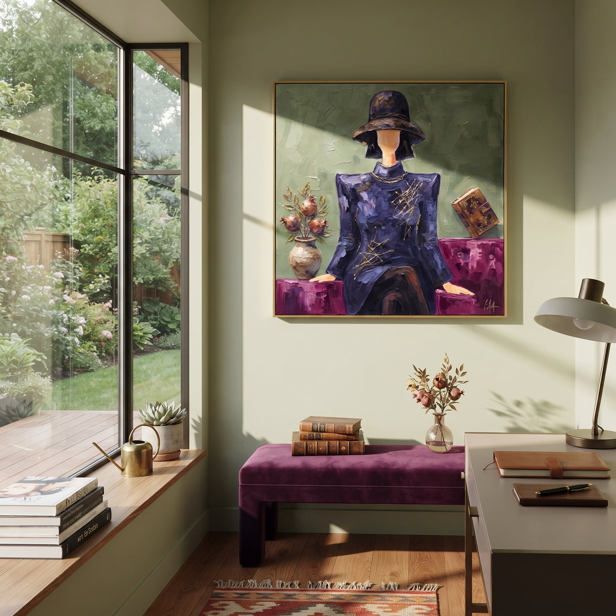 Gathered River Hat and Vase Portrait focuses on a faceless woman in a wide hat holding flowers or a decorative object. The composition keeps the principal subject clearly separated from the painted field, so the eye can follow the specific gesture, silhouette, garment, fur, petal, ridge, or river visible in this artwork. Its color relationships move between blue, beige, and brown, with lighter passages opening the focal area and deeper strokes giving the forms weight. Palette-knife edges