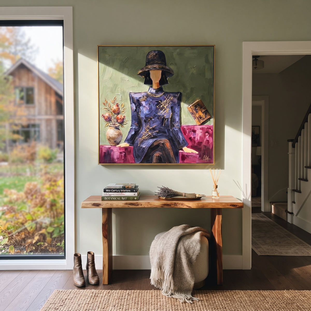 Gathered River Hat and Vase Portrait focuses on a faceless woman in a wide hat holding flowers or a decorative object. The composition keeps the principal subject clearly separated from the painted field, so the eye can follow the specific gesture, silhouette, garment, fur, petal, ridge, or river visible in this artwork. Its color relationships move between blue, beige, and brown, with lighter passages opening the focal area and deeper strokes giving the forms weight. Palette-knife edges