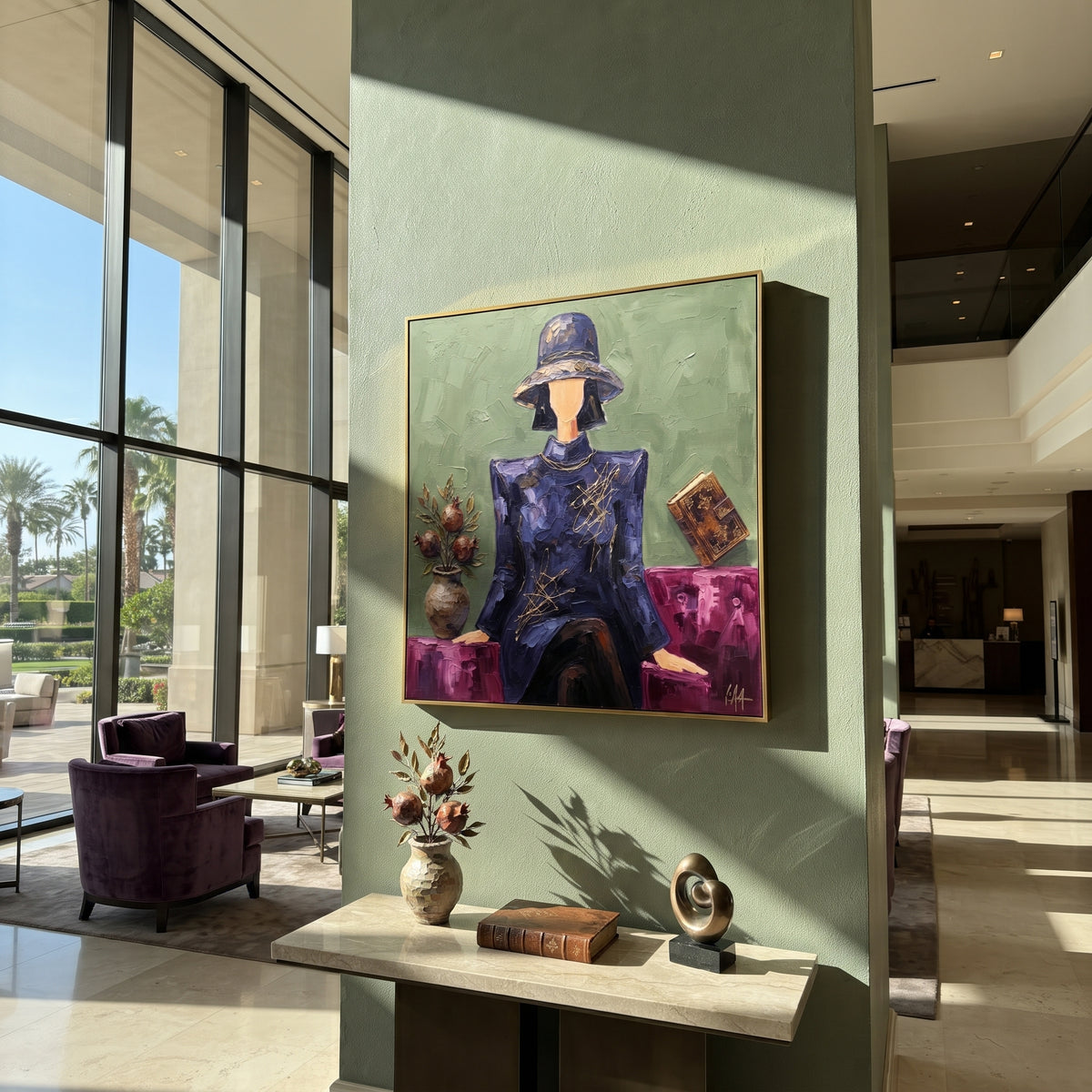 Gathered River Hat and Vase Portrait focuses on a faceless woman in a wide hat holding flowers or a decorative object. The composition keeps the principal subject clearly separated from the painted field, so the eye can follow the specific gesture, silhouette, garment, fur, petal, ridge, or river visible in this artwork. Its color relationships move between blue, beige, and brown, with lighter passages opening the focal area and deeper strokes giving the forms weight. Palette-knife edges
