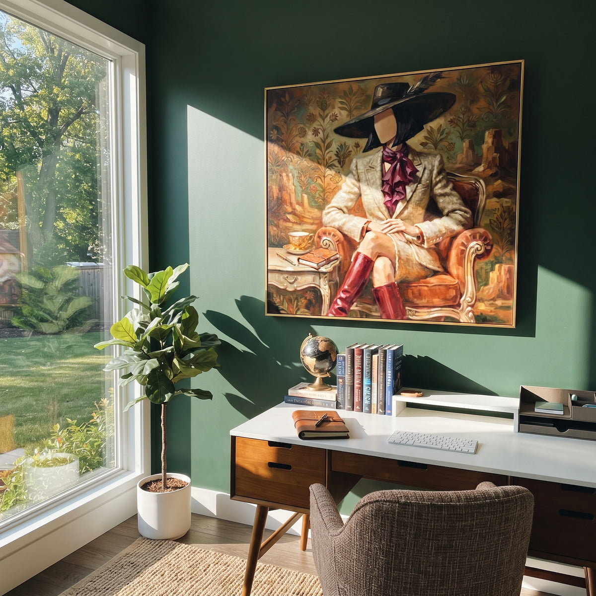 River River Hat and Vase Portrait focuses on a faceless woman in a wide hat holding flowers or a decorative object. The composition keeps the principal subject clearly separated from the painted field, so the eye can follow the specific gesture, silhouette, garment, fur, petal, ridge, or river visible in this artwork. Its color relationships move between orange, pink, and green, with lighter passages opening the focal area and deeper strokes giving the forms weight. Palette-knife edges, impasto