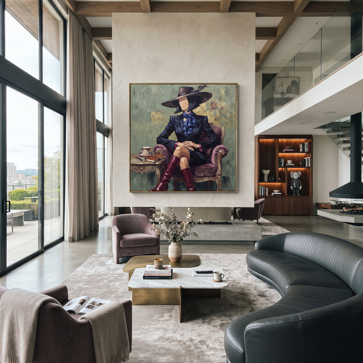 Warm River Hat and Vase Portrait focuses on a faceless woman in a wide hat holding flowers or a decorative object. The composition keeps the principal subject clearly separated from the painted field, so the eye can follow the specific gesture, silhouette, garment, fur, petal, ridge, or river visible in this artwork. Its color relationships move between green, yellow, and beige, with lighter passages opening the focal area and deeper strokes giving the forms weight. Palette-knife edges, impasto