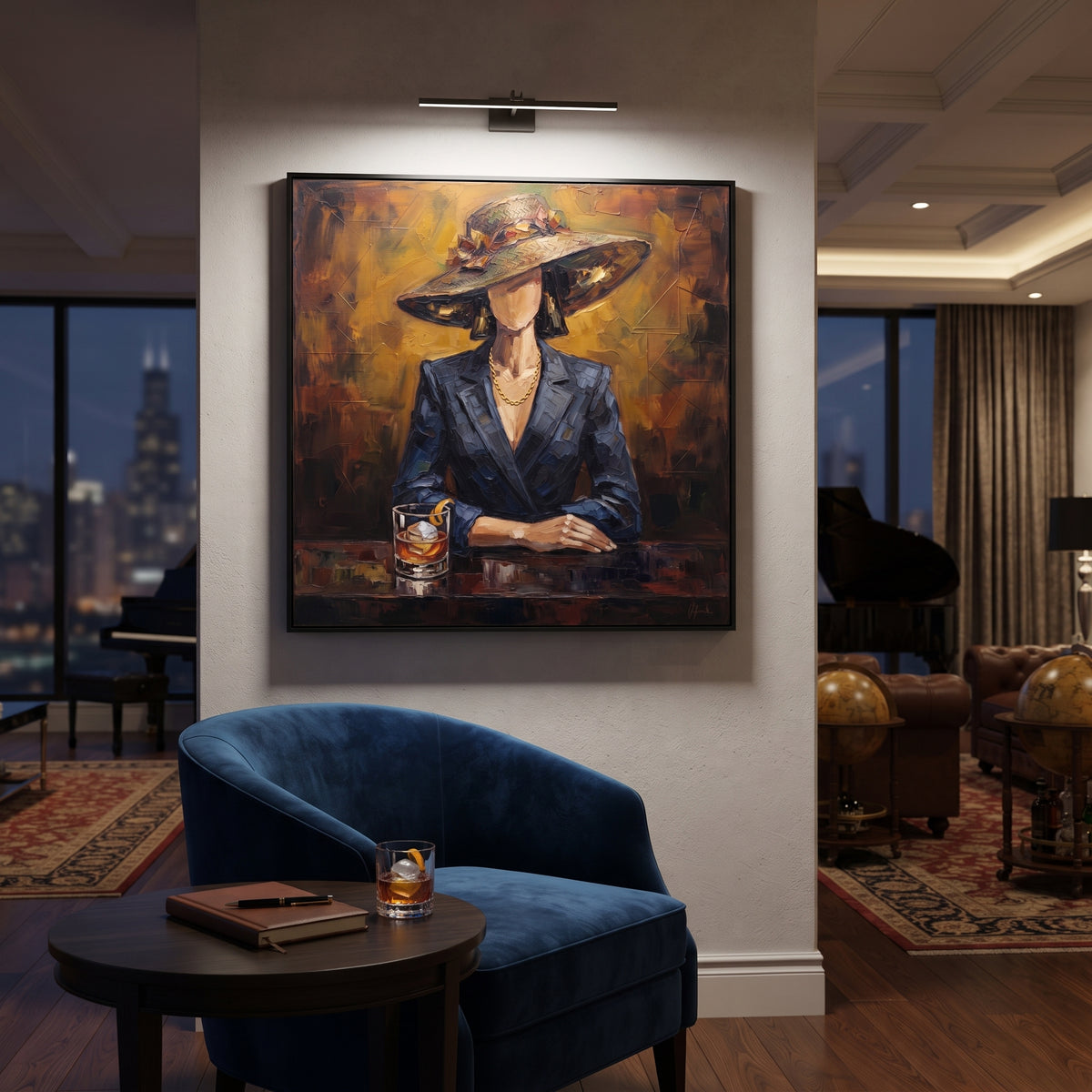 Still River Hat and Vase Portrait focuses on a faceless woman in a wide hat holding flowers or a decorative object. The composition keeps the principal subject clearly separated from the painted field, so the eye can follow the specific gesture, silhouette, garment, fur, petal, ridge, or river visible in this artwork. Its color relationships move between blue, grey, and white, with lighter passages opening the focal area and deeper strokes giving the forms weight. Palette-knife edges, impasto