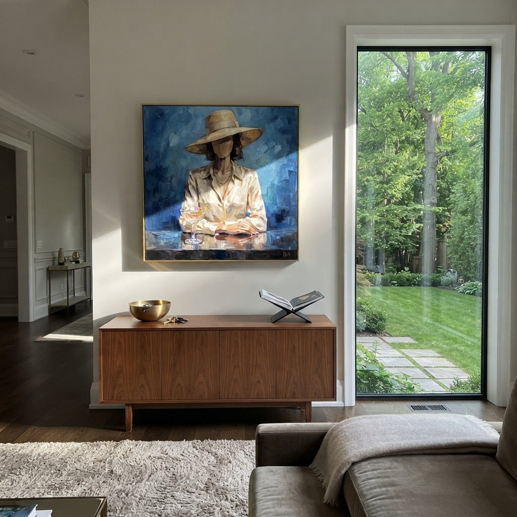 Gentle River Hat and Vase Portrait focuses on a faceless woman in a wide hat holding flowers or a decorative object. The composition keeps the principal subject clearly separated from the painted field, so the eye can follow the specific gesture, silhouette, garment, fur, petal, ridge, or river visible in this artwork. Its color relationships move between green, brown, and yellow, with lighter passages opening the focal area and deeper strokes giving the forms weight. Palette-knife edges