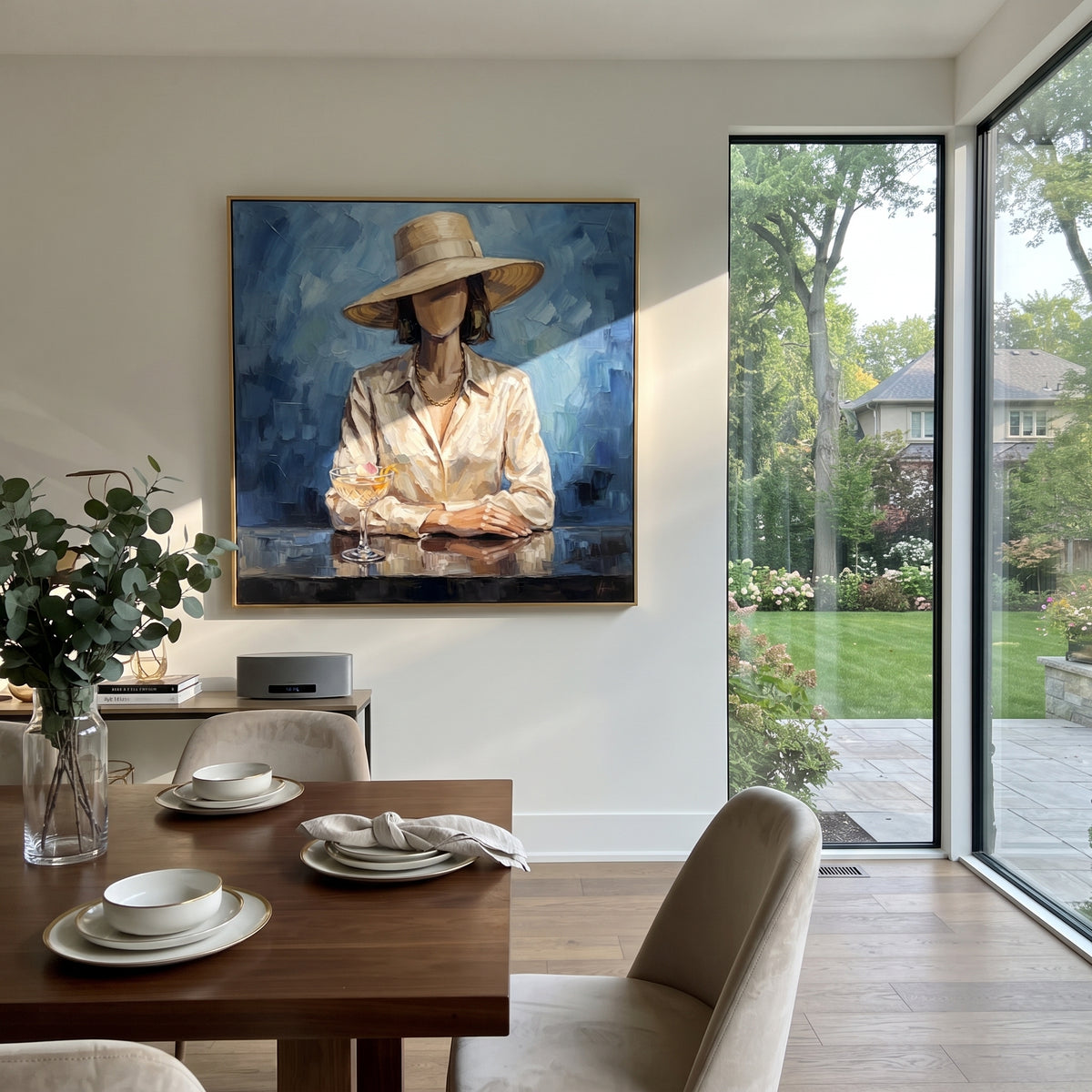 Gentle River Hat and Vase Portrait focuses on a faceless woman in a wide hat holding flowers or a decorative object. The composition keeps the principal subject clearly separated from the painted field, so the eye can follow the specific gesture, silhouette, garment, fur, petal, ridge, or river visible in this artwork. Its color relationships move between green, brown, and yellow, with lighter passages opening the focal area and deeper strokes giving the forms weight. Palette-knife edges