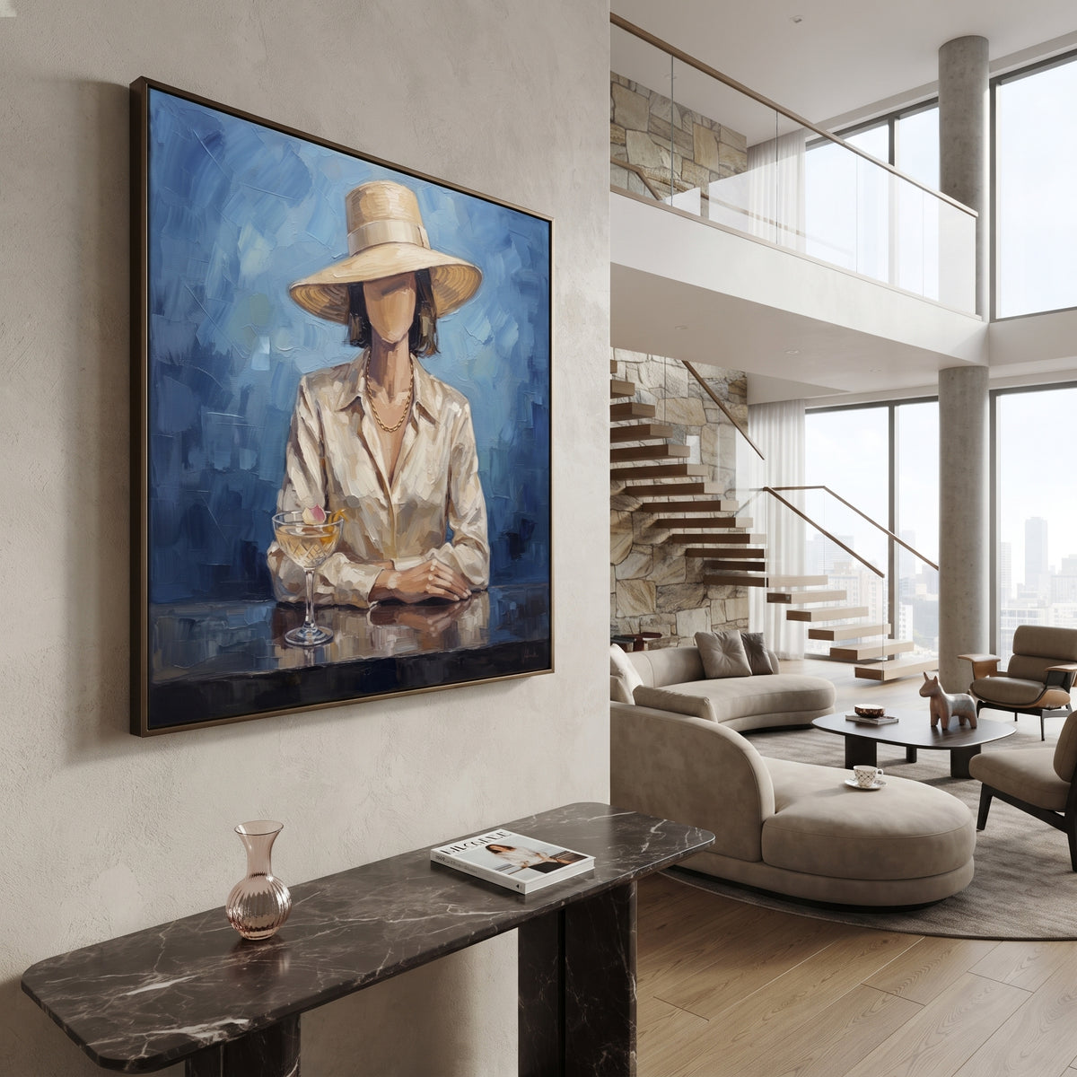 Gentle River Hat and Vase Portrait focuses on a faceless woman in a wide hat holding flowers or a decorative object. The composition keeps the principal subject clearly separated from the painted field, so the eye can follow the specific gesture, silhouette, garment, fur, petal, ridge, or river visible in this artwork. Its color relationships move between green, brown, and yellow, with lighter passages opening the focal area and deeper strokes giving the forms weight. Palette-knife edges