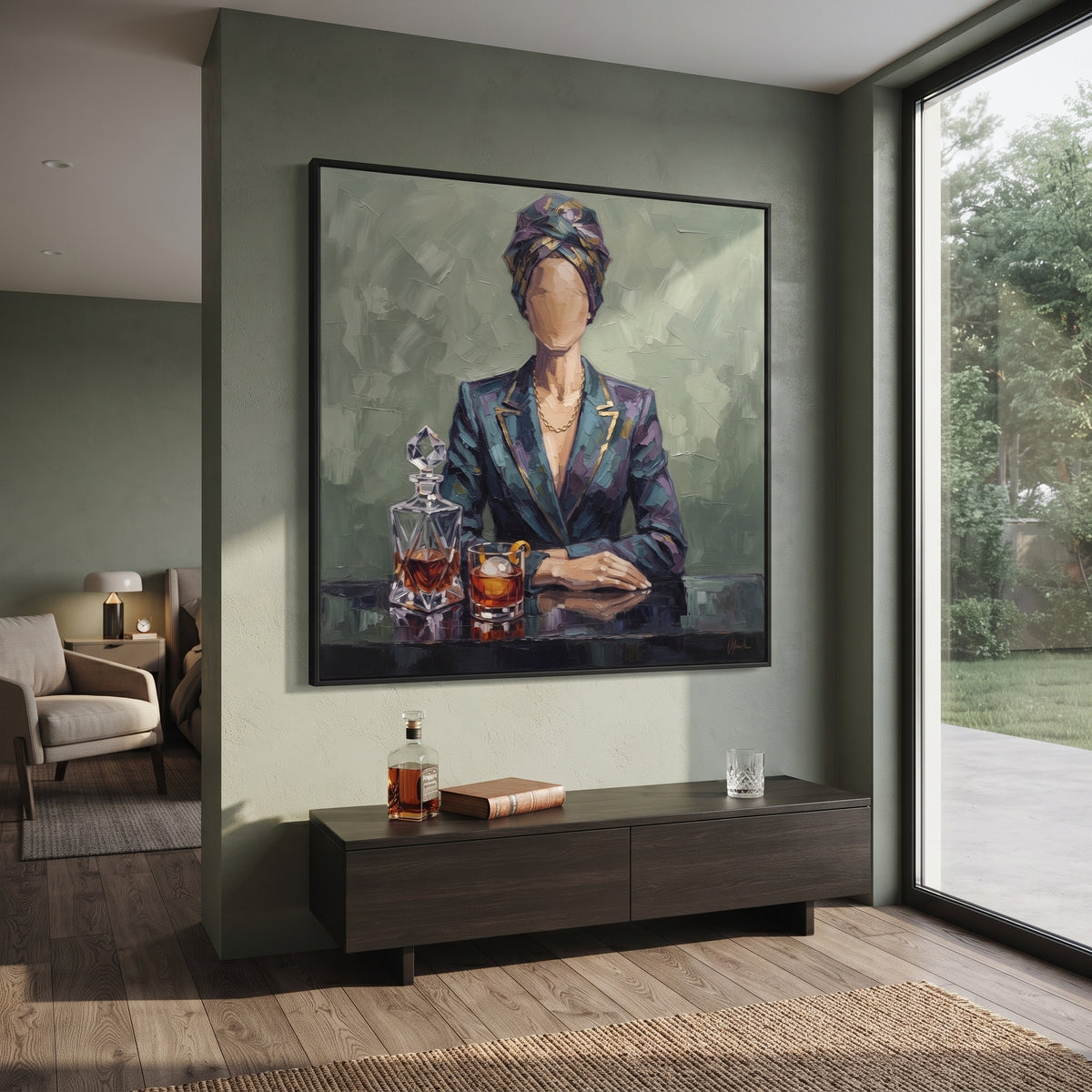 Open River Hat and Vase Portrait focuses on a faceless woman in a wide hat holding flowers or a decorative object. The composition keeps the principal subject clearly separated from the painted field, so the eye can follow the specific gesture, silhouette, garment, fur, petal, ridge, or river visible in this artwork. Its color relationships move between orange, black, and beige, with lighter passages opening the focal area and deeper strokes giving the forms weight. Palette-knife edges, impasto