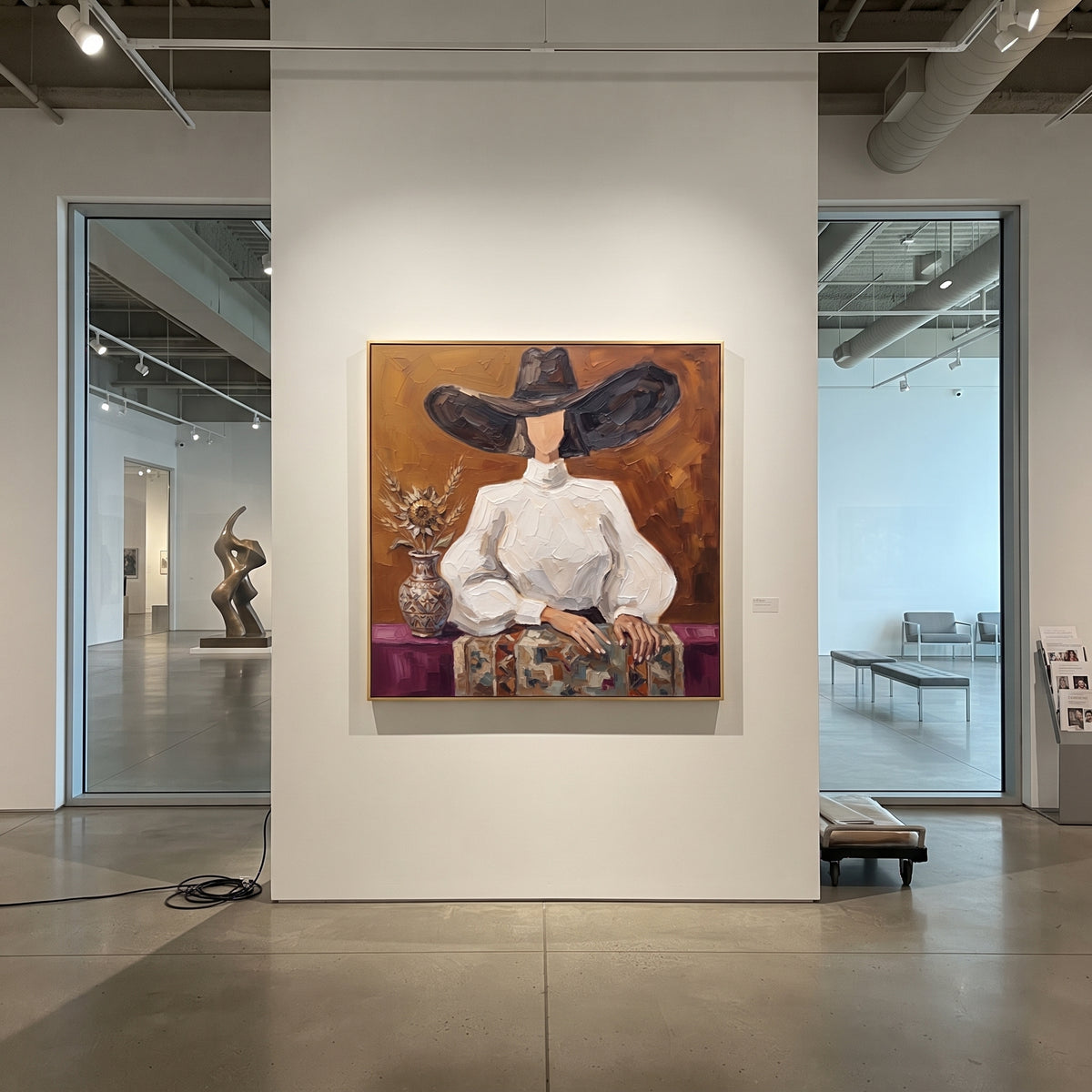 Wandering River Hat and Vase Portrait focuses on a faceless woman in a wide hat holding flowers or a decorative object. The composition keeps the principal subject clearly separated from the painted field, so the eye can follow the specific gesture, silhouette, garment, fur, petal, ridge, or river visible in this artwork. Its color relationships move between blue, red, and white, with lighter passages opening the focal area and deeper strokes giving the forms weight. Palette-knife edges, impasto