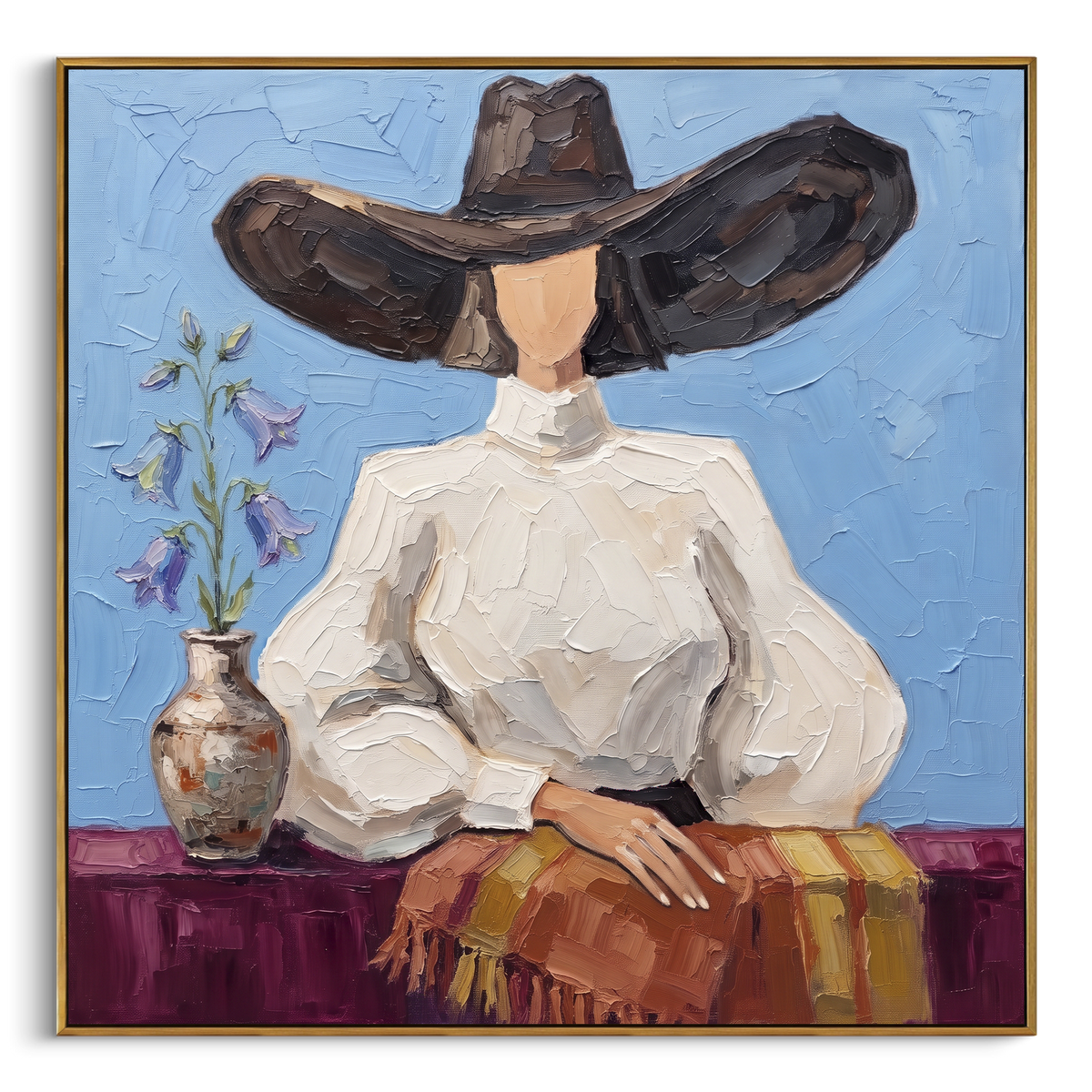 Reflective River Hat and Vase Portrait focuses on a faceless woman in a wide hat holding flowers or a decorative object. The composition keeps the principal subject clearly separated from the painted field, so the eye can follow the specific gesture, silhouette, garment, fur, petal, ridge, or river visible in this artwork. Its color relationships move between green, grey, and pink, with lighter passages opening the focal area and deeper strokes giving the forms weight. Palette-knife edges