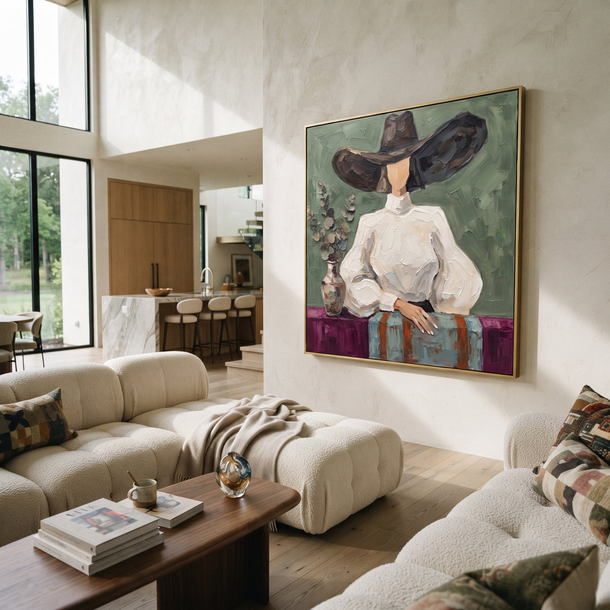 Midnight River Hat and Vase Portrait focuses on a faceless woman in a wide hat holding flowers or a decorative object. The composition keeps the principal subject clearly separated from the painted field, so the eye can follow the specific gesture, silhouette, garment, fur, petal, ridge, or river visible in this artwork. Its color relationships move between beige, black, and blue, with lighter passages opening the focal area and deeper strokes giving the forms weight. Palette-knife edges