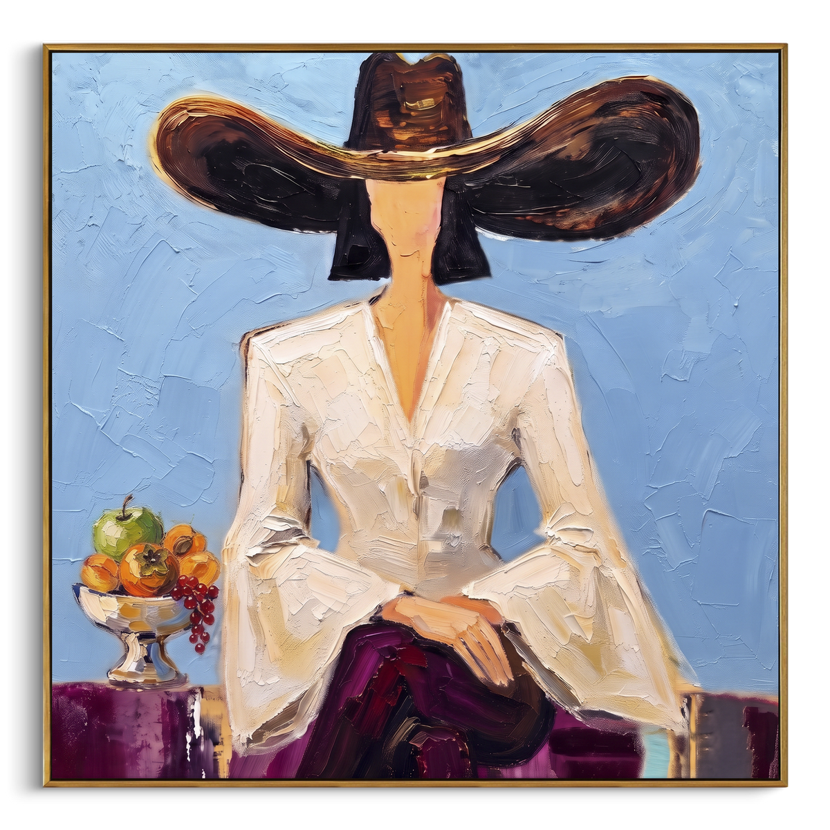 Quiet Warm Hat and Vase Portrait focuses on a faceless woman in a wide hat holding flowers or a decorative object. The composition keeps the principal subject clearly separated from the painted field, so the eye can follow the specific gesture, silhouette, garment, fur, petal, ridge, or river visible in this artwork. Its color relationships move between blue, beige, and brown, with lighter passages opening the focal area and deeper strokes giving the forms weight. Palette-knife edges, impasto