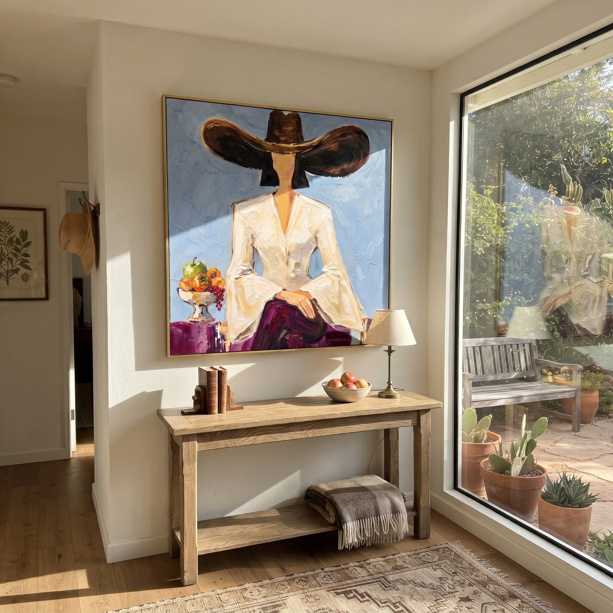 Quiet Warm Hat and Vase Portrait focuses on a faceless woman in a wide hat holding flowers or a decorative object. The composition keeps the principal subject clearly separated from the painted field, so the eye can follow the specific gesture, silhouette, garment, fur, petal, ridge, or river visible in this artwork. Its color relationships move between blue, beige, and brown, with lighter passages opening the focal area and deeper strokes giving the forms weight. Palette-knife edges, impasto