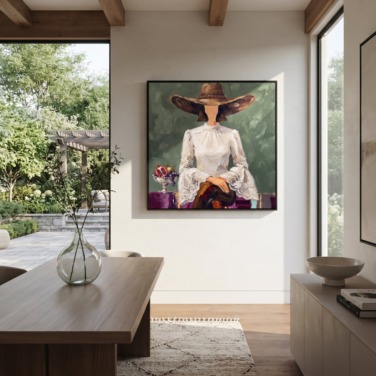 Luminous Warm Hat and Vase Portrait focuses on a faceless woman in a wide hat holding flowers or a decorative object. The composition keeps the principal subject clearly separated from the painted field, so the eye can follow the specific gesture, silhouette, garment, fur, petal, ridge, or river visible in this artwork. Its color relationships move between orange, pink, and green, with lighter passages opening the focal area and deeper strokes giving the forms weight. Palette-knife edges