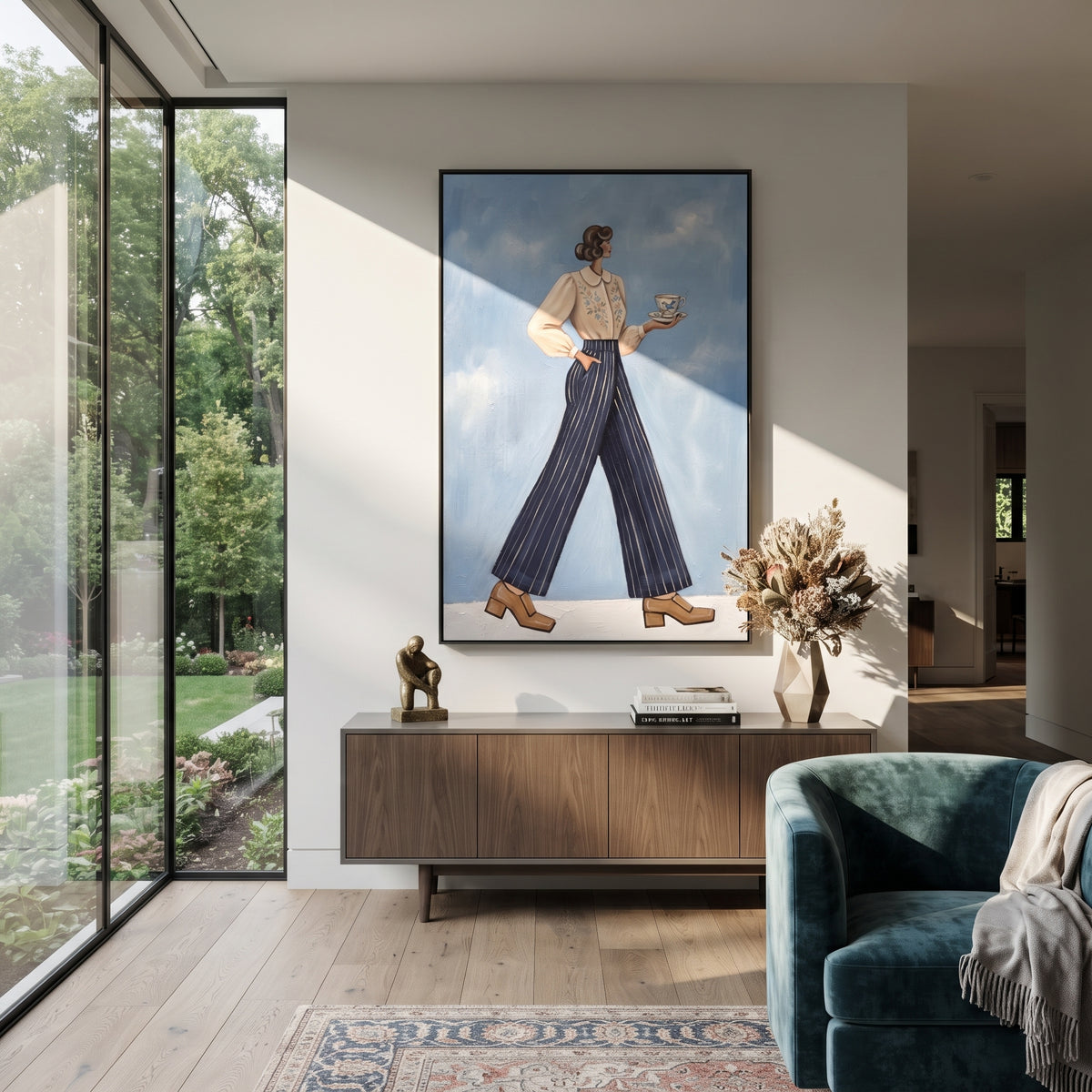 Tender Warm Wide-Legged Fashion Figure focuses on a stylized fashion figure in dramatic trousers, blouse, or patterned coat. The composition keeps the principal subject clearly separated from the painted field, so the eye can follow the specific gesture, silhouette, garment, fur, petal, ridge, or river visible in this artwork. Its color relationships move between green, yellow, and beige, with lighter passages opening the focal area and deeper strokes giving the forms weight. Palette-knife