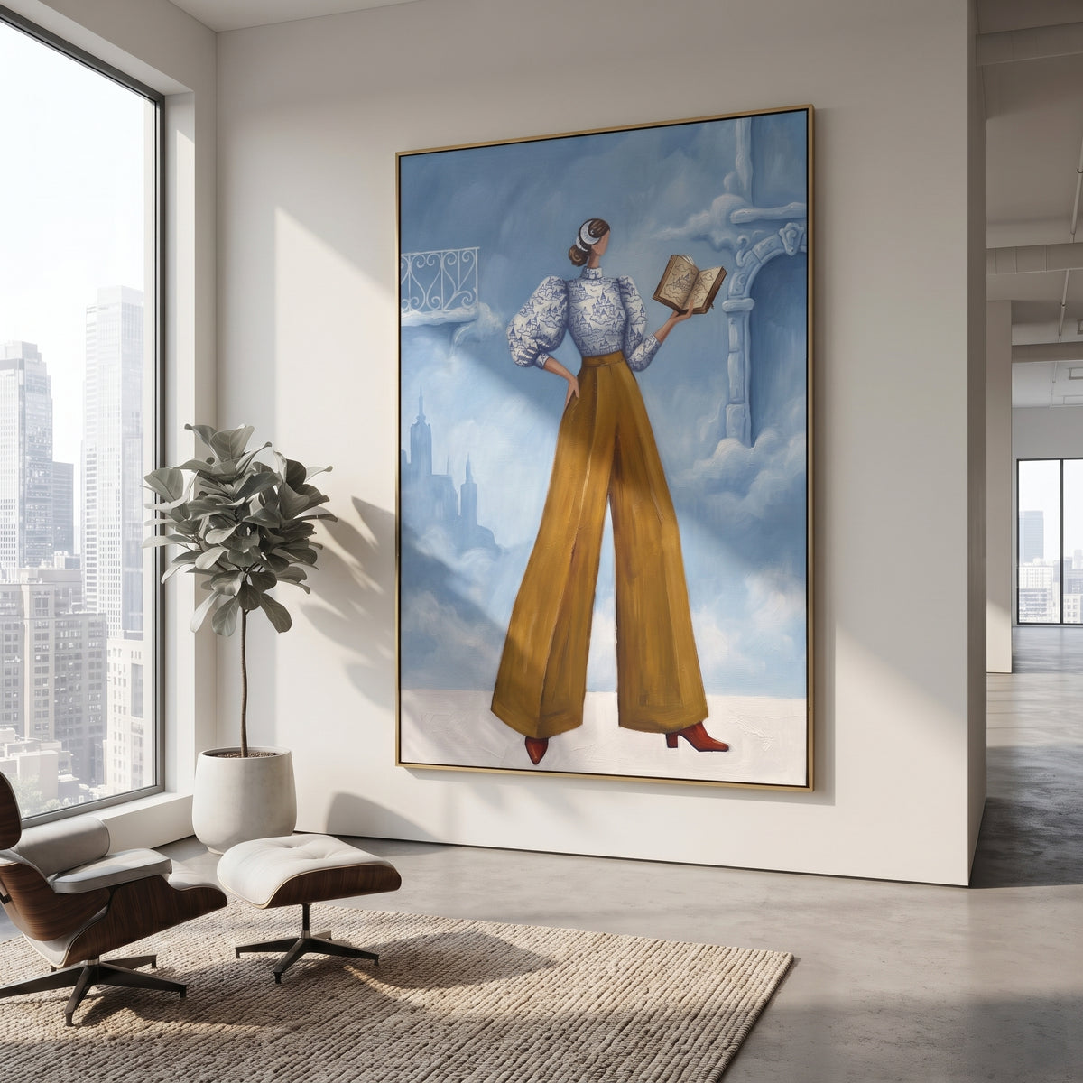 Golden Warm Wide-Legged Fashion Figure focuses on a stylized fashion figure in dramatic trousers, blouse, or patterned coat. The composition keeps the principal subject clearly separated from the painted field, so the eye can follow the specific gesture, silhouette, garment, fur, petal, ridge, or river visible in this artwork. Its color relationships move between orange, black, and beige, with lighter passages opening the focal area and deeper strokes giving the forms weight. Palette-knife