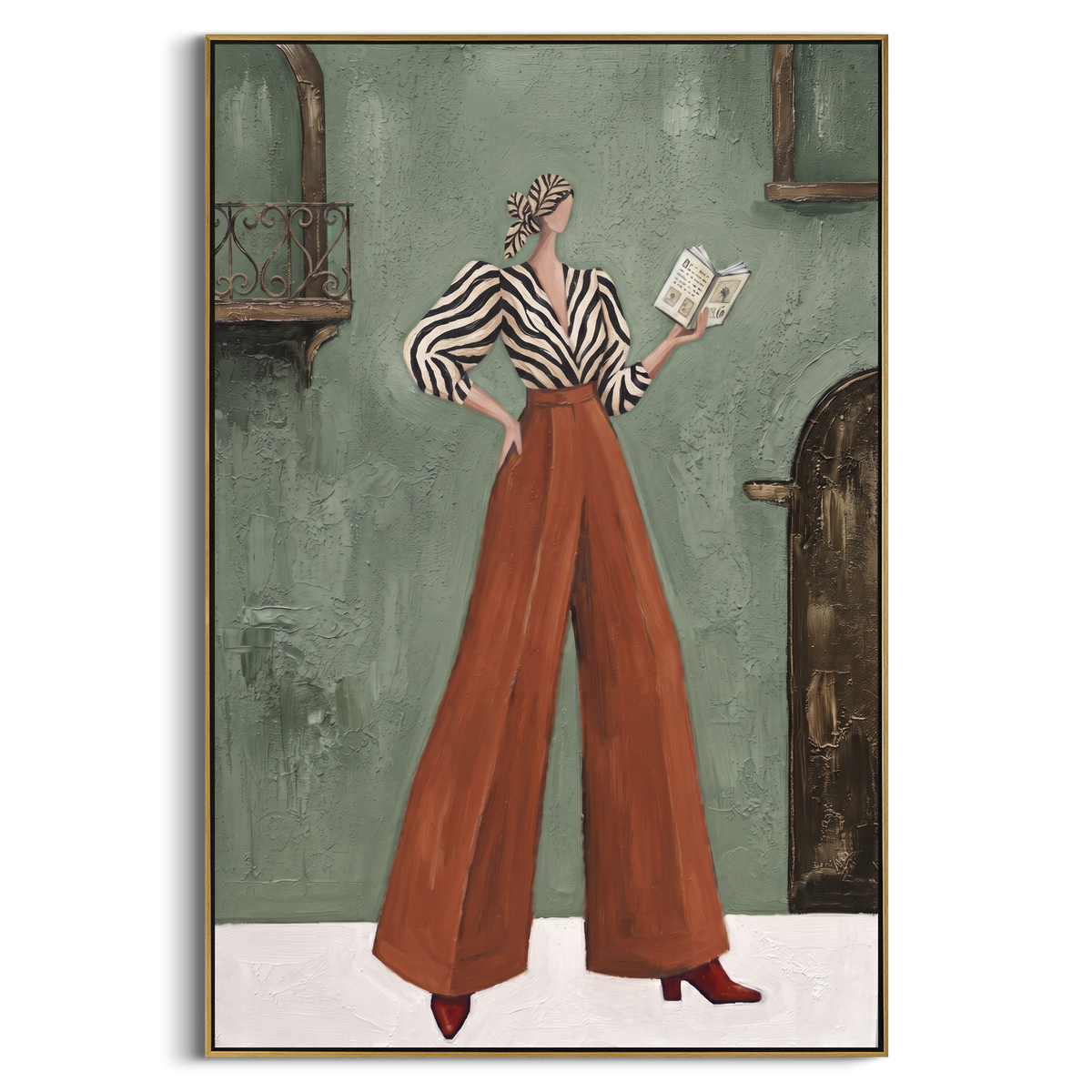 Soft Warm Wide-Legged Fashion Figure focuses on a stylized fashion figure in dramatic trousers, blouse, or patterned coat. The composition keeps the principal subject clearly separated from the painted field, so the eye can follow the specific gesture, silhouette, garment, fur, petal, ridge, or river visible in this artwork. Its color relationships move between blue, red, and white, with lighter passages opening the focal area and deeper strokes giving the forms weight. Palette-knife edges