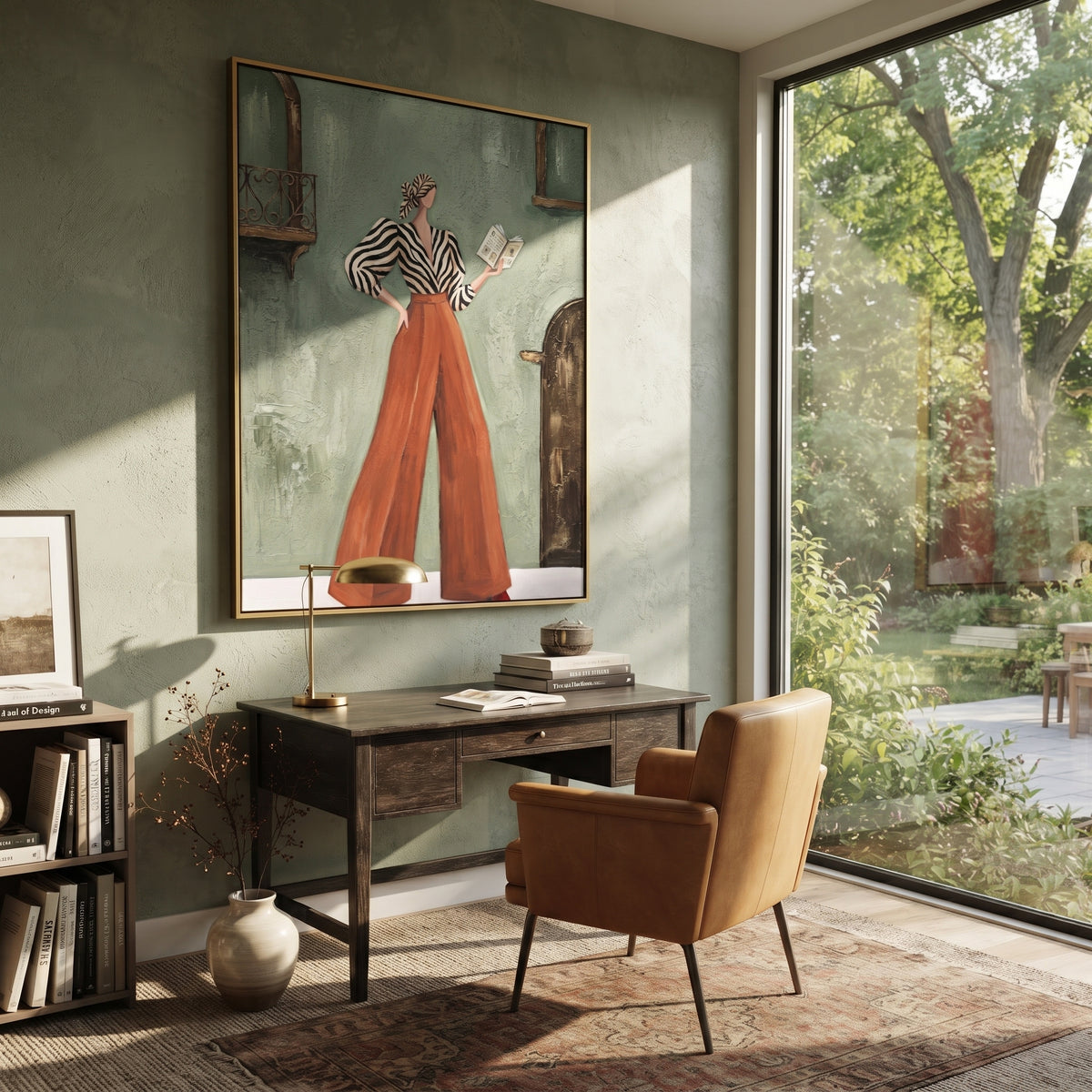 Soft Warm Wide-Legged Fashion Figure focuses on a stylized fashion figure in dramatic trousers, blouse, or patterned coat. The composition keeps the principal subject clearly separated from the painted field, so the eye can follow the specific gesture, silhouette, garment, fur, petal, ridge, or river visible in this artwork. Its color relationships move between blue, red, and white, with lighter passages opening the focal area and deeper strokes giving the forms weight. Palette-knife edges