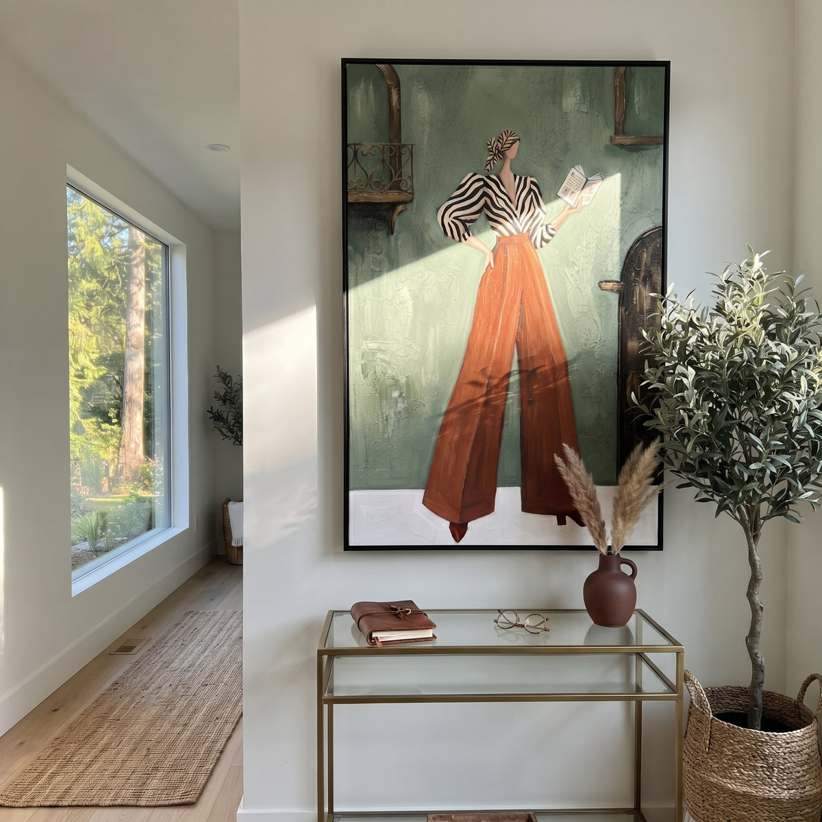 Soft Warm Wide-Legged Fashion Figure focuses on a stylized fashion figure in dramatic trousers, blouse, or patterned coat. The composition keeps the principal subject clearly separated from the painted field, so the eye can follow the specific gesture, silhouette, garment, fur, petal, ridge, or river visible in this artwork. Its color relationships move between blue, red, and white, with lighter passages opening the focal area and deeper strokes giving the forms weight. Palette-knife edges