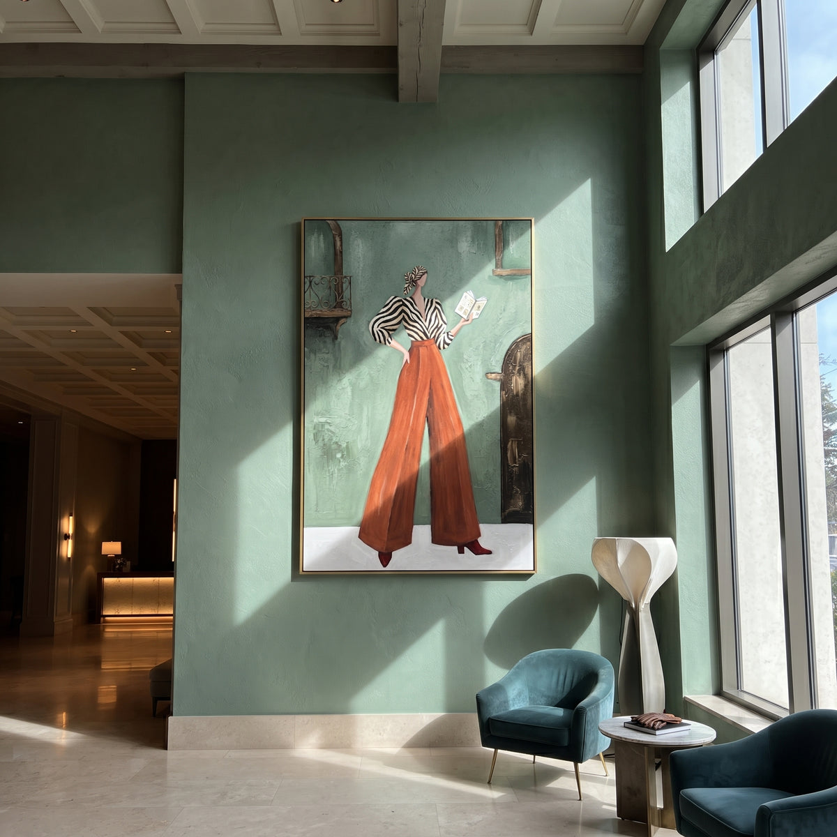 Soft Warm Wide-Legged Fashion Figure focuses on a stylized fashion figure in dramatic trousers, blouse, or patterned coat. The composition keeps the principal subject clearly separated from the painted field, so the eye can follow the specific gesture, silhouette, garment, fur, petal, ridge, or river visible in this artwork. Its color relationships move between blue, red, and white, with lighter passages opening the focal area and deeper strokes giving the forms weight. Palette-knife edges
