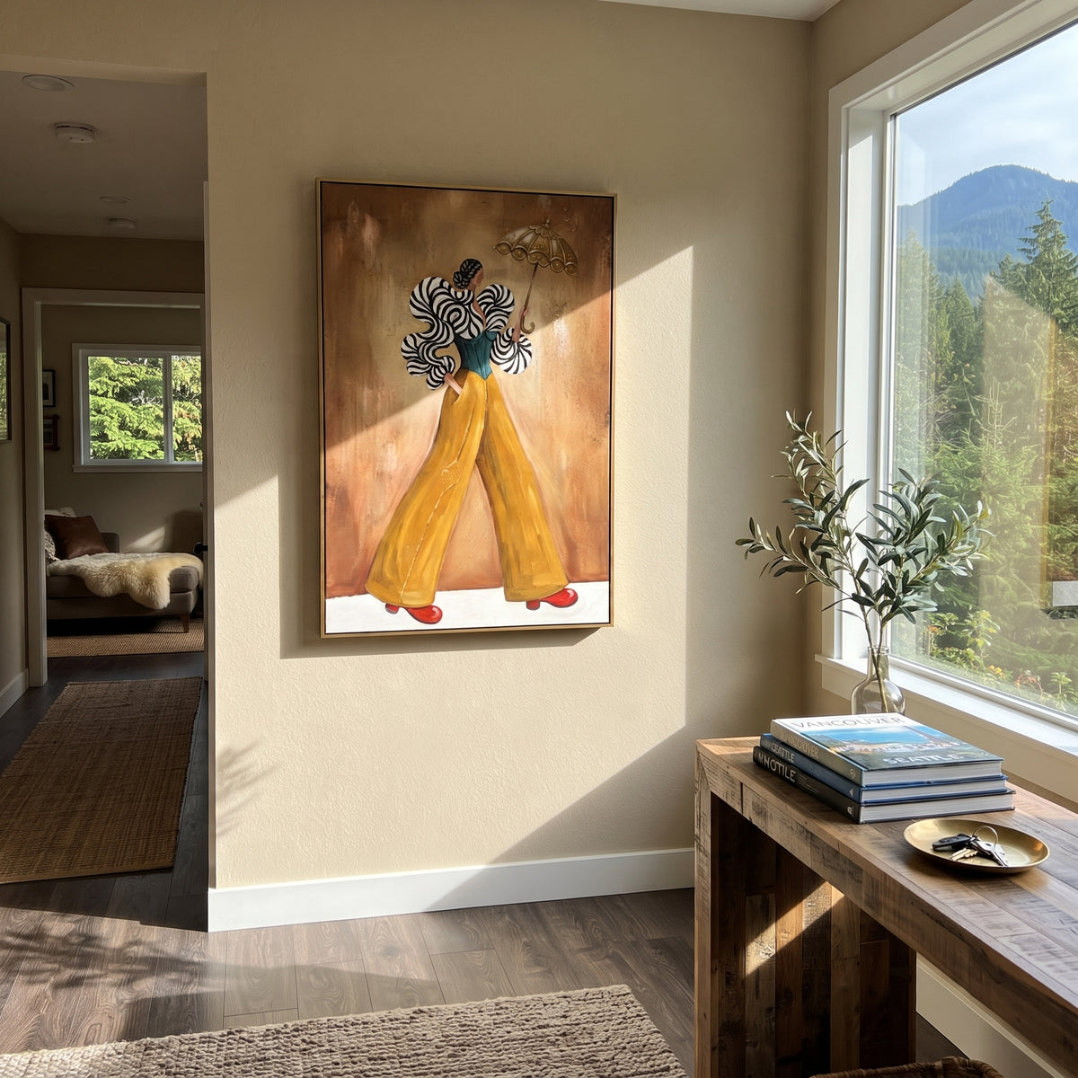 Restful Warm Wide-Legged Fashion Figure focuses on a stylized fashion figure in dramatic trousers, blouse, or patterned coat. The composition keeps the principal subject clearly separated from the painted field, so the eye can follow the specific gesture, silhouette, garment, fur, petal, ridge, or river visible in this artwork. Its color relationships move between green, grey, and pink, with lighter passages opening the focal area and deeper strokes giving the forms weight. Palette-knife edges