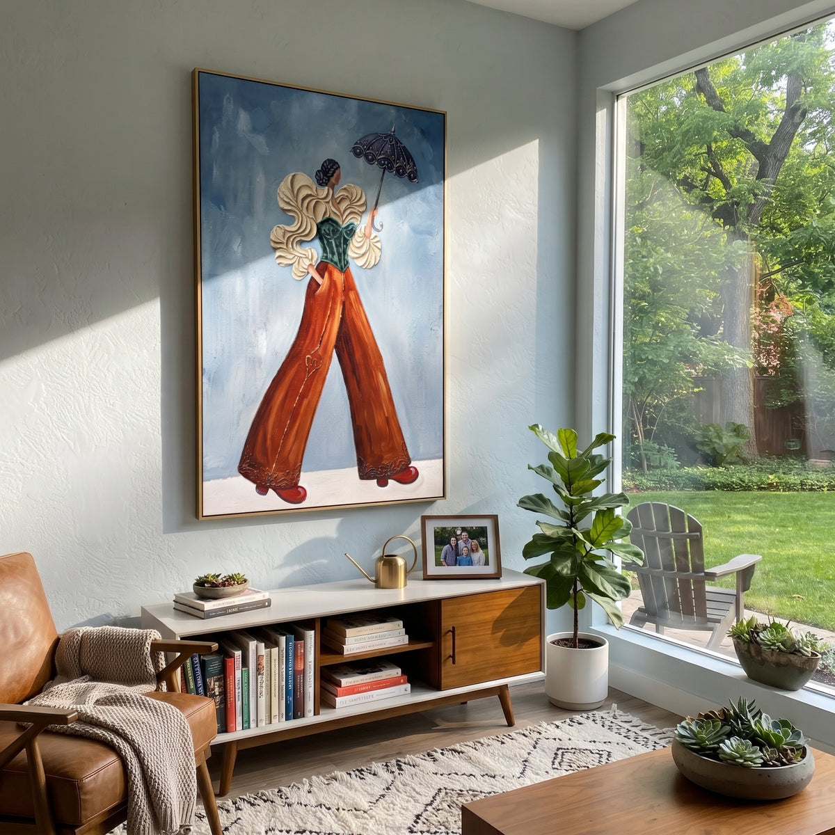Playful Warm Wide-Legged Fashion Figure focuses on a stylized fashion figure in dramatic trousers, blouse, or patterned coat. The composition keeps the principal subject clearly separated from the painted field, so the eye can follow the specific gesture, silhouette, garment, fur, petal, ridge, or river visible in this artwork. Its color relationships move between beige, black, and blue, with lighter passages opening the focal area and deeper strokes giving the forms weight. Palette-knife edges