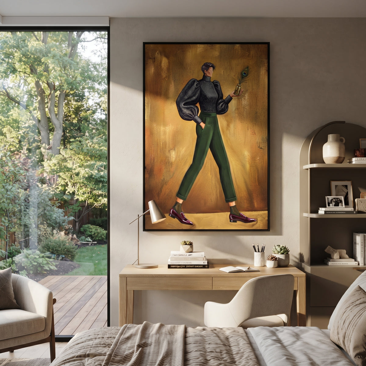 Distant Warm Wide-Legged Fashion Figure focuses on a stylized fashion figure in dramatic trousers, blouse, or patterned coat. The composition keeps the principal subject clearly separated from the painted field, so the eye can follow the specific gesture, silhouette, garment, fur, petal, ridge, or river visible in this artwork. Its color relationships move between purple, green, and white, with lighter passages opening the focal area and deeper strokes giving the forms weight. Palette-knife