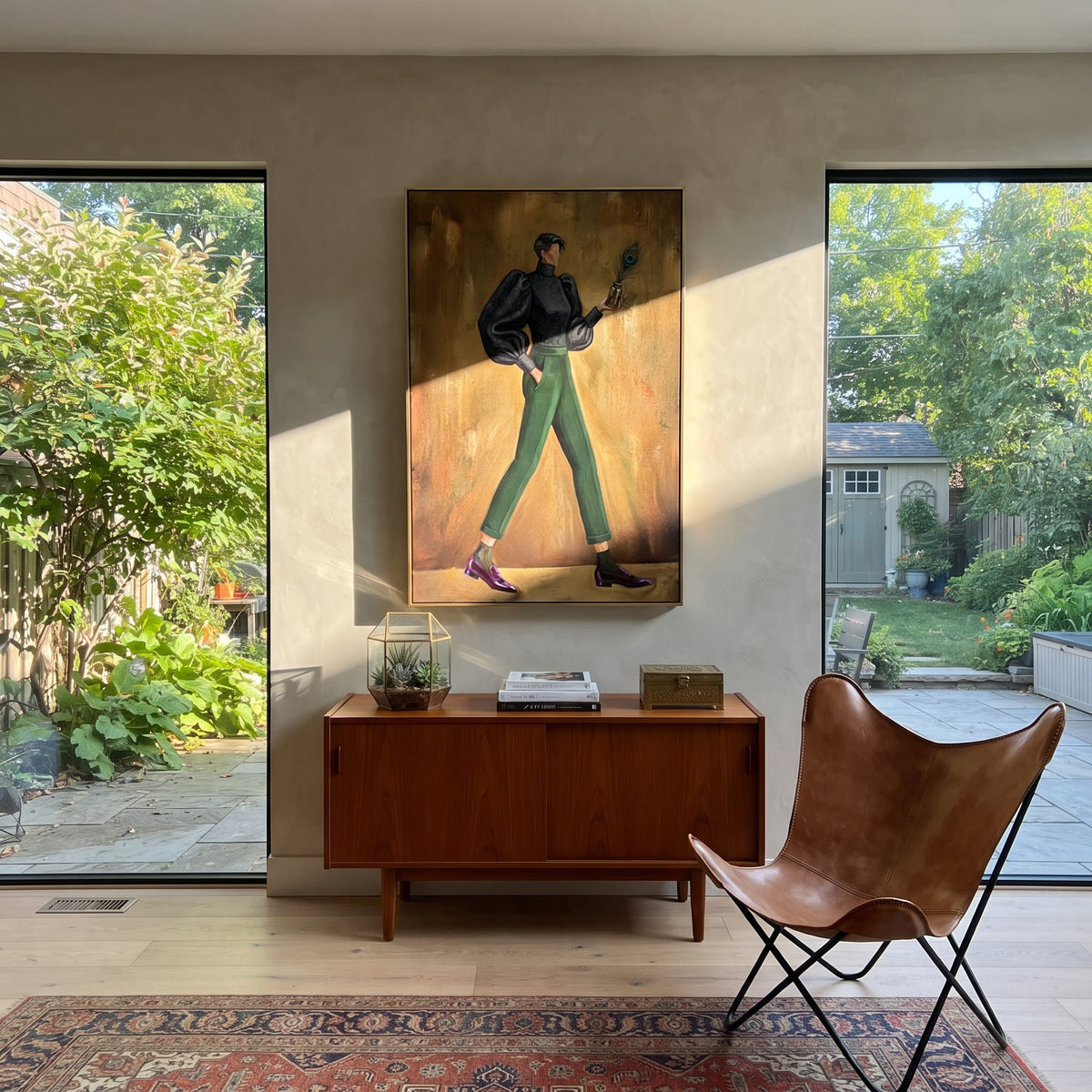 Distant Warm Wide-Legged Fashion Figure focuses on a stylized fashion figure in dramatic trousers, blouse, or patterned coat. The composition keeps the principal subject clearly separated from the painted field, so the eye can follow the specific gesture, silhouette, garment, fur, petal, ridge, or river visible in this artwork. Its color relationships move between purple, green, and white, with lighter passages opening the focal area and deeper strokes giving the forms weight. Palette-knife