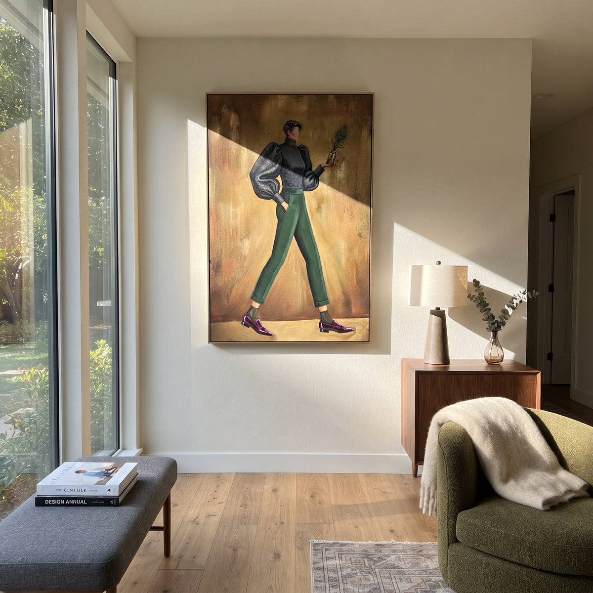 Distant Warm Wide-Legged Fashion Figure focuses on a stylized fashion figure in dramatic trousers, blouse, or patterned coat. The composition keeps the principal subject clearly separated from the painted field, so the eye can follow the specific gesture, silhouette, garment, fur, petal, ridge, or river visible in this artwork. Its color relationships move between purple, green, and white, with lighter passages opening the focal area and deeper strokes giving the forms weight. Palette-knife
