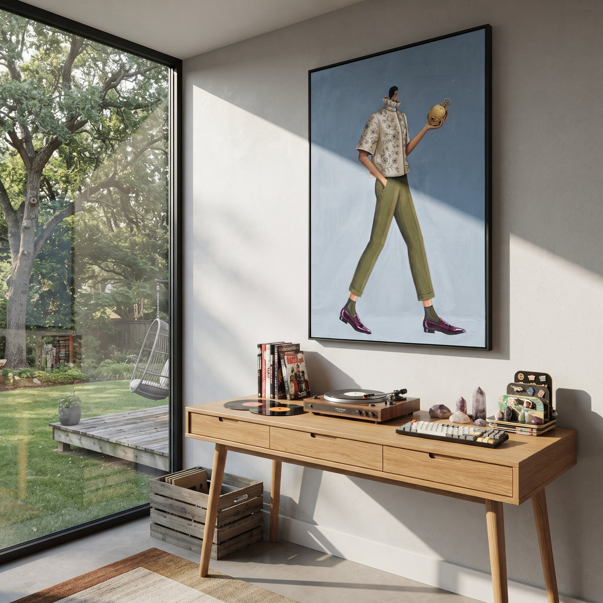 Gathered Warm Wide-Legged Fashion Figure focuses on a stylized fashion figure in dramatic trousers, blouse, or patterned coat. The composition keeps the principal subject clearly separated from the painted field, so the eye can follow the specific gesture, silhouette, garment, fur, petal, ridge, or river visible in this artwork. Its color relationships move between blue, beige, and brown, with lighter passages opening the focal area and deeper strokes giving the forms weight. Palette-knife
