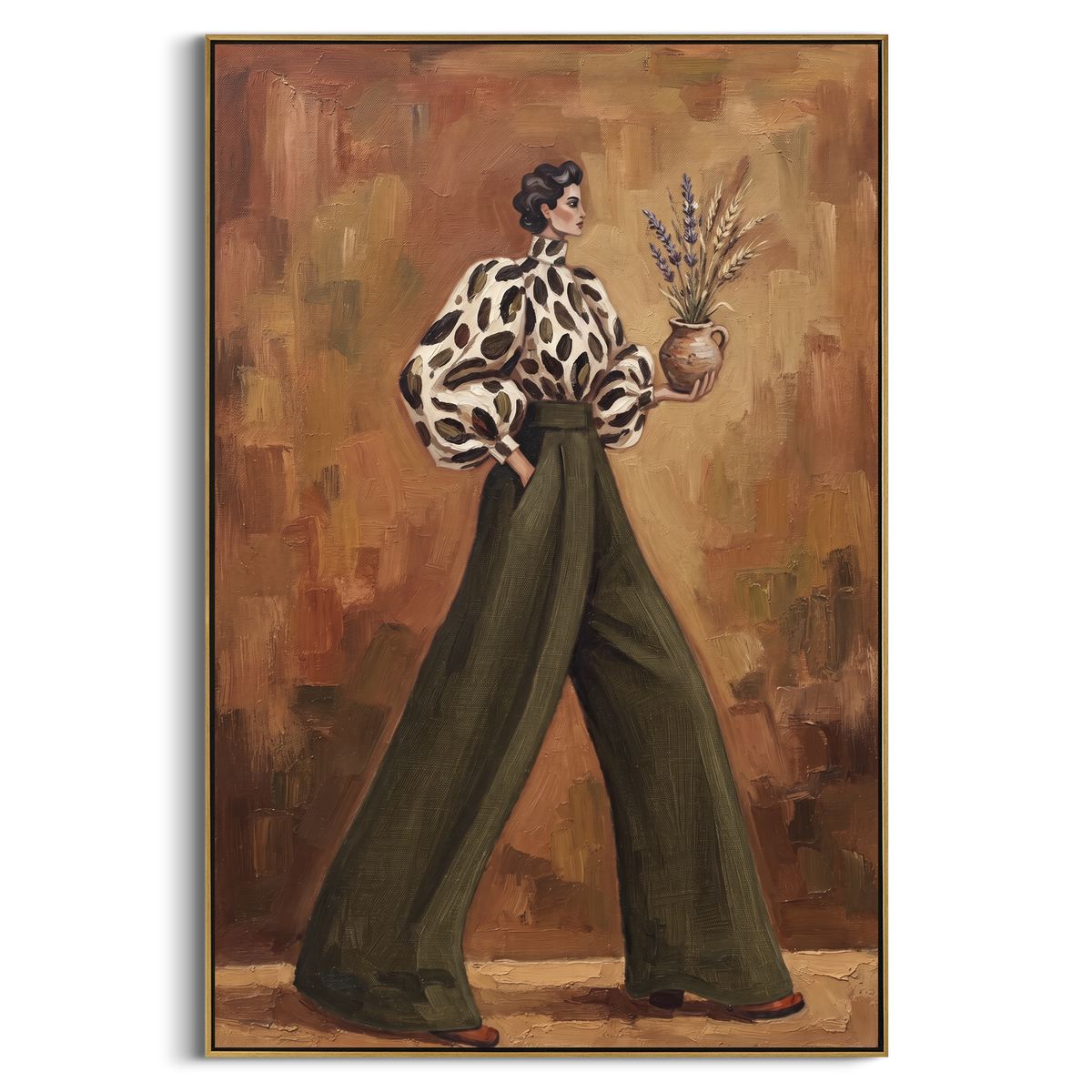 Warm Warm Wide-Legged Fashion Figure focuses on a stylized fashion figure in dramatic trousers, blouse, or patterned coat. The composition keeps the principal subject clearly separated from the painted field, so the eye can follow the specific gesture, silhouette, garment, fur, petal, ridge, or river visible in this artwork. Its color relationships move between green, yellow, and beige, with lighter passages opening the focal area and deeper strokes giving the forms weight. Palette-knife edges