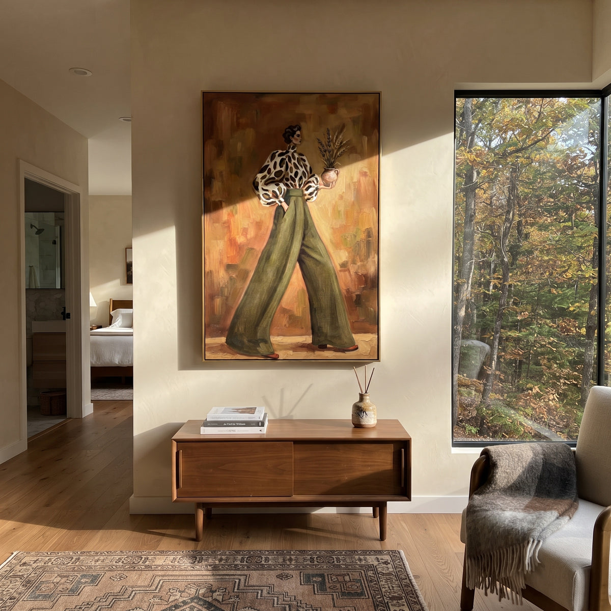 Warm Warm Wide-Legged Fashion Figure focuses on a stylized fashion figure in dramatic trousers, blouse, or patterned coat. The composition keeps the principal subject clearly separated from the painted field, so the eye can follow the specific gesture, silhouette, garment, fur, petal, ridge, or river visible in this artwork. Its color relationships move between green, yellow, and beige, with lighter passages opening the focal area and deeper strokes giving the forms weight. Palette-knife edges